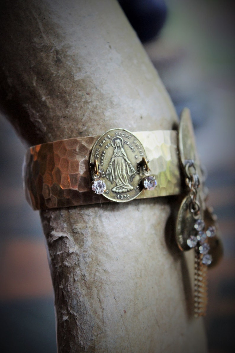 The Apparition Cuff Bracelet w/Antique French Benitier Marian Medal,Rare Antique Manger Scene Medal,Antique Prong Set Rhinestone Cross