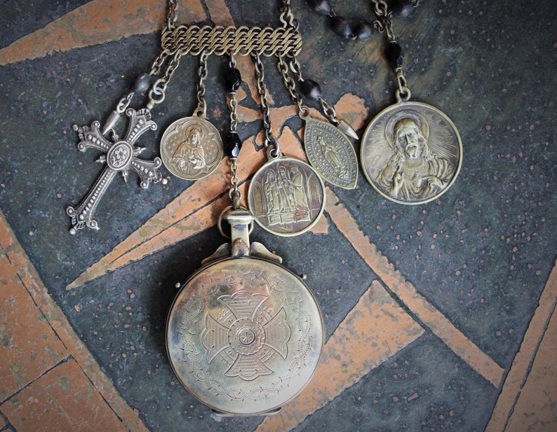 The Anaphora Necklace w/RARE Antique Sterling 18k Vermeil Engraved Maltese Cross & Crown of Thorns Eucharist Pyx,Antique Penin Medal+++