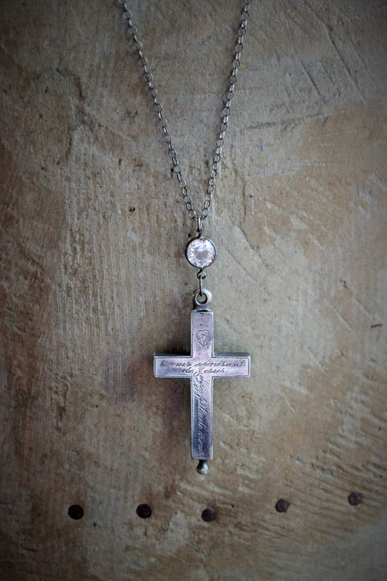 RESERVED FOR E RARE Antique French Sterling Engraved Reliquary Cross Necklace w/Antique Faceted Bezel Set Rock Crystal Connector & Sterling Rolo Chain