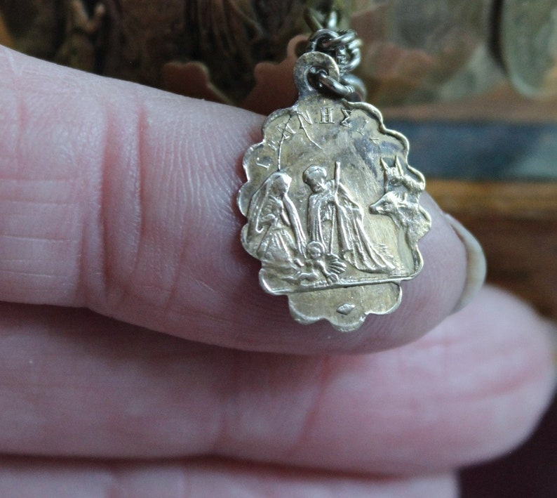 The Apparition Cuff Bracelet w/Antique French Benitier Marian Medal,Rare Antique Manger Scene Medal,Antique Prong Set Rhinestone Cross