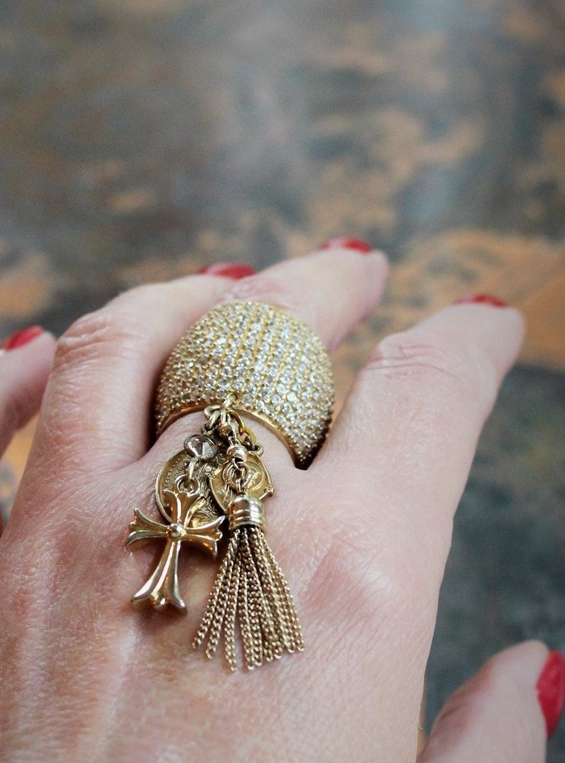 Amazing Wide Sterling Vermeil Pave Diamante Ring w/Antique French Medals,Tiny Gold Fill Tassel,Antique Bezel Set Crystal,Puffy Cross