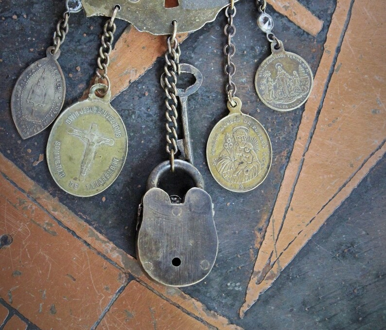 He Made the Key Necklace w/Tiny Antique Padlock & Original Key,Antique Keyhole Finding,Antique French Medals,Antique Muff Chain Crystals+ 