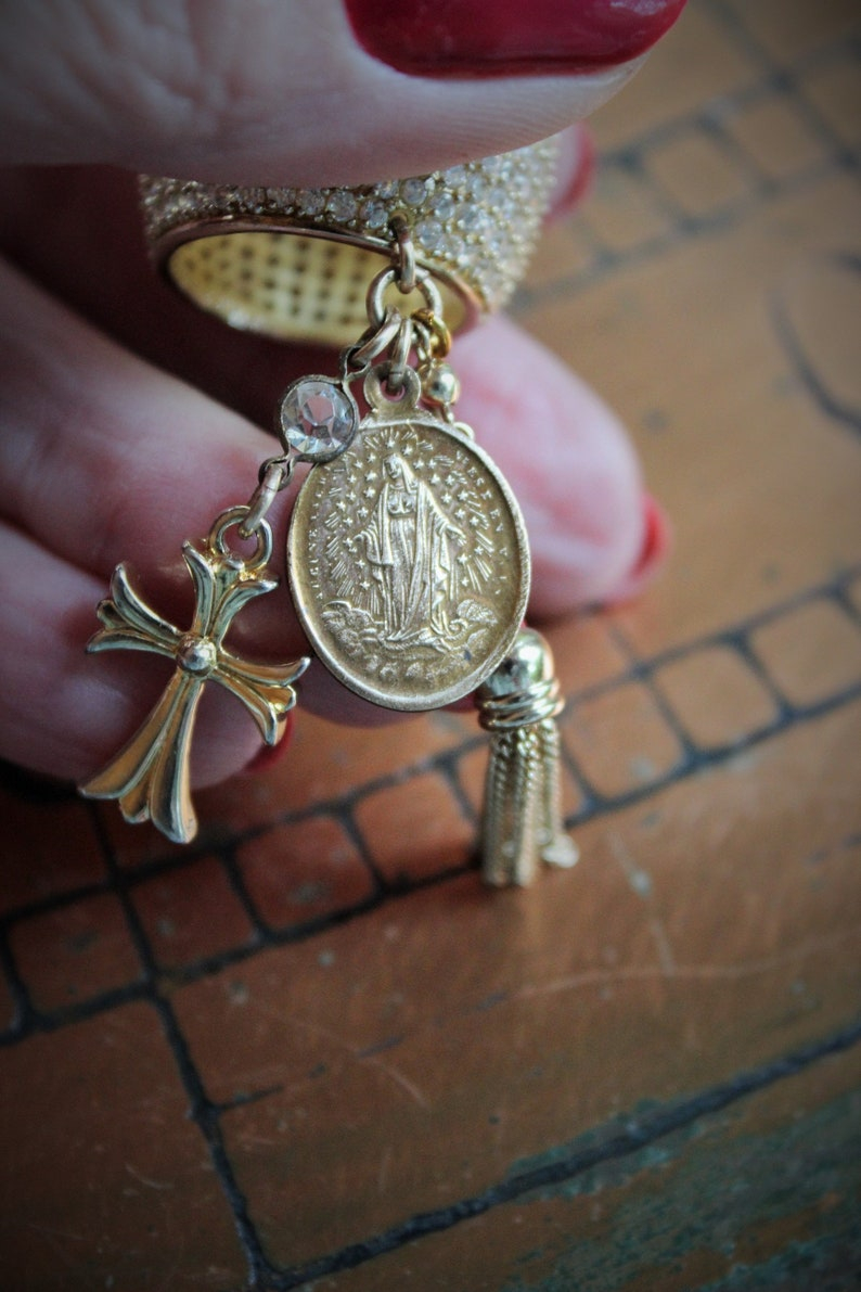 Amazing Wide Sterling Vermeil Pave Diamante Ring w/Antique French Medals,Tiny Gold Fill Tassel,Antique Bezel Set Crystal,Puffy Cross