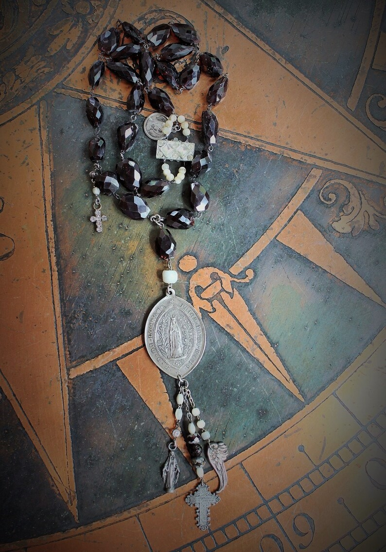 Rare Faceted Almandine Garnet Necklace with Exceptional Antique Marian Medal, Antique Sterling Angel Wing, French Engraved "Fill my Heart with your Love" Cross & More!