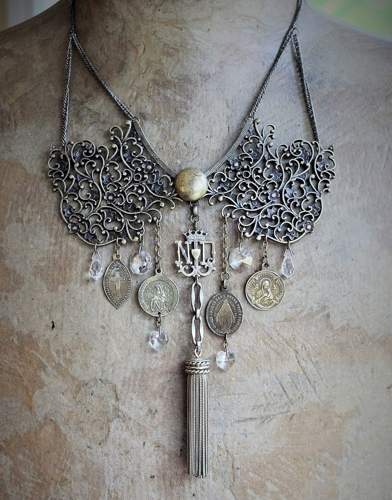 Sold to E - Deposit The Pure Strength of Faith Necklace w/Antique French Medals,Intricate Vintage Collar Findings,Antique Faceted Heart,Orb and Tear Drop
