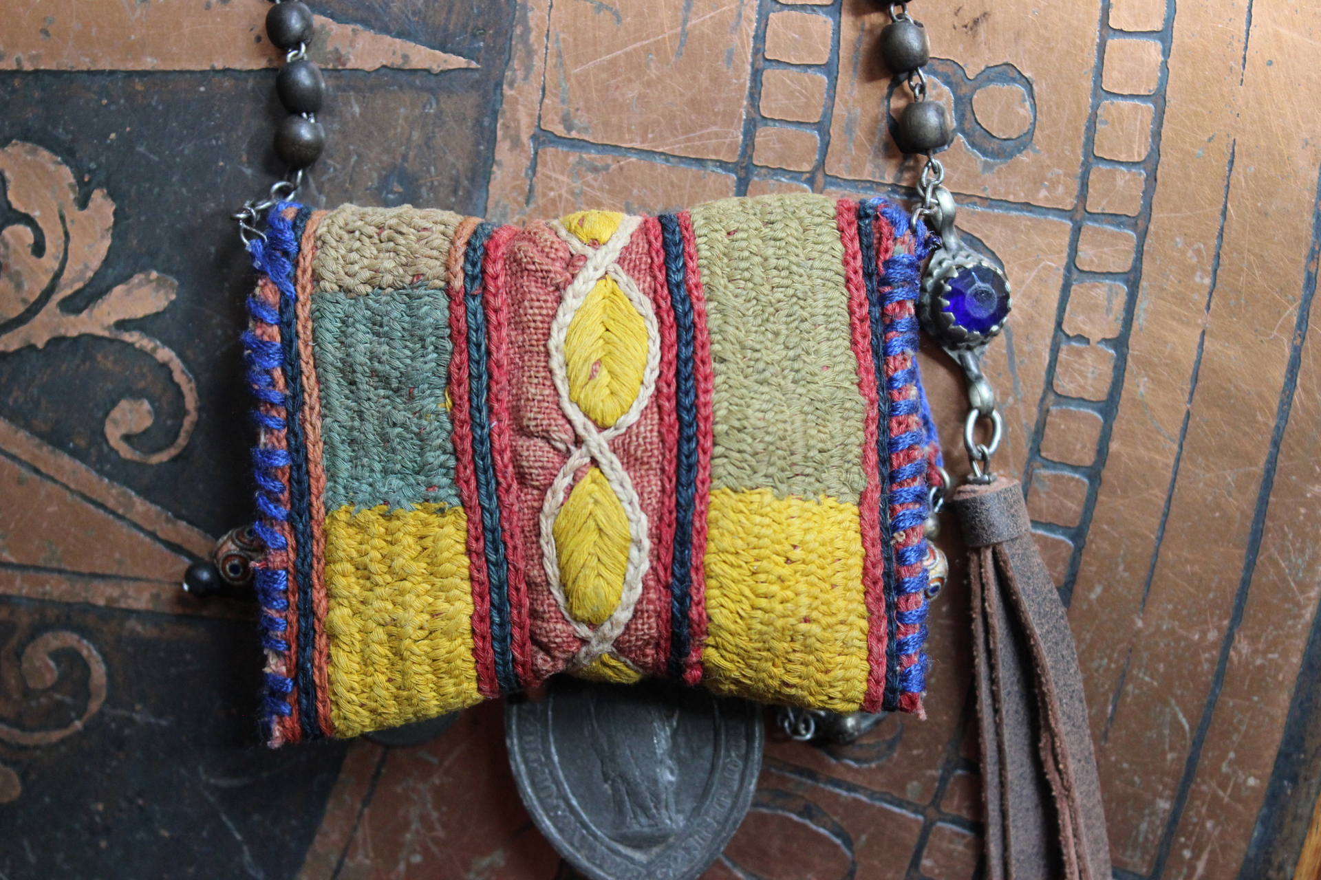 Antique Textile Rosary Pouch Necklace with Ancient French Medals, Antique Sterling Puffy Star, Antique French Rosary & More!