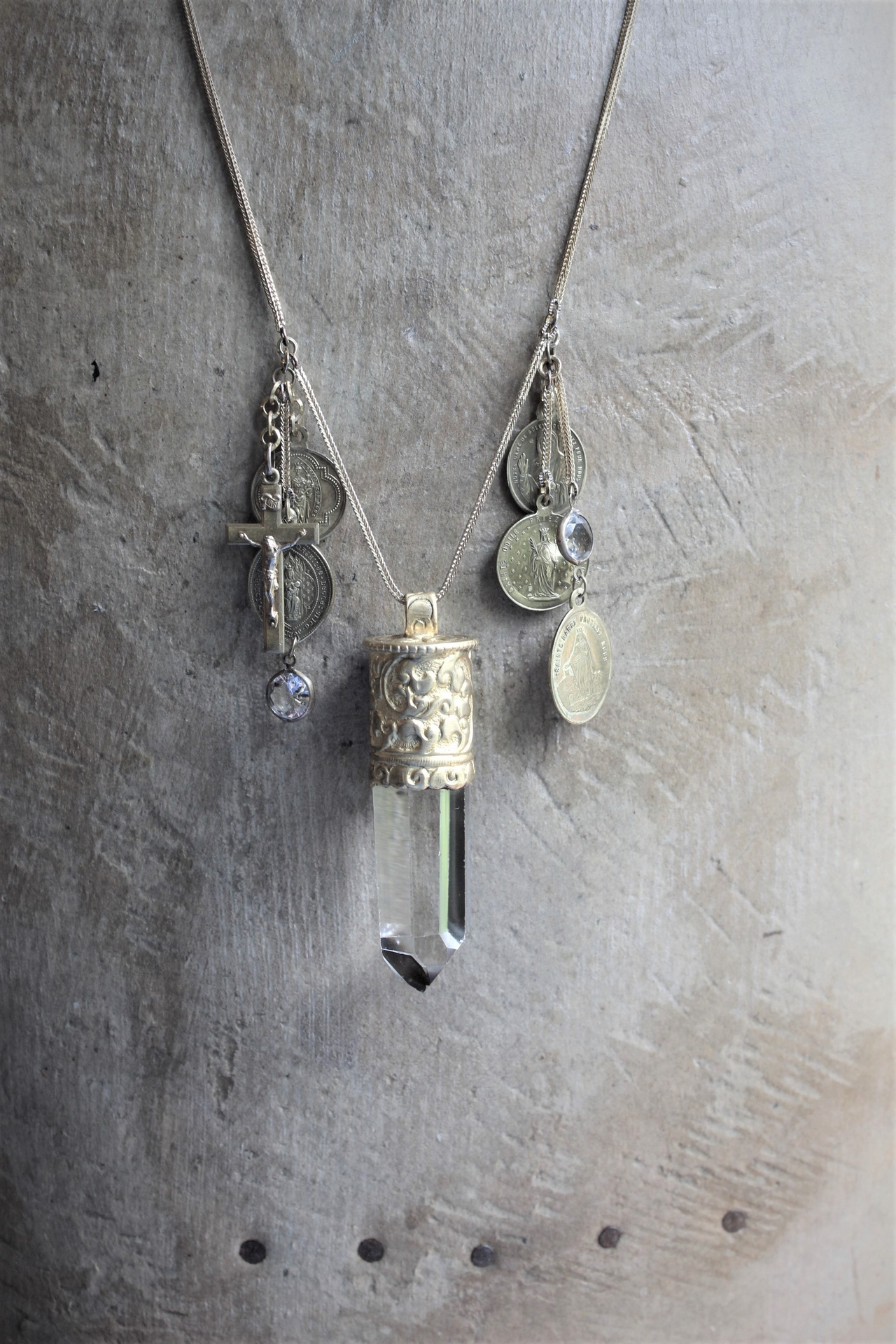 You will Find your Way Necklace with Capped Water Clear Rock Quartz Point, Antique French Medals, Antique French Crucifix and Foxtail Chain