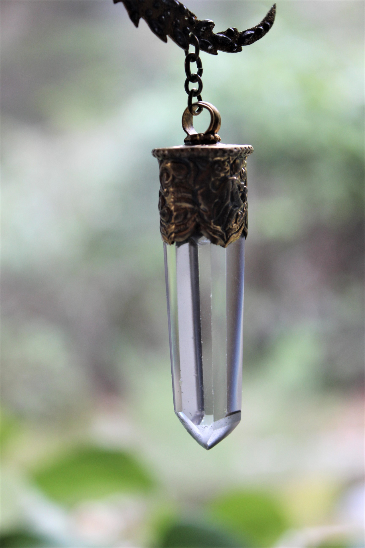 Like the Universe Necklace with Antique Cut Steel Crescent Moon Finding, Water Clear Capped Quartz Point, Antique Foxtail Chain
