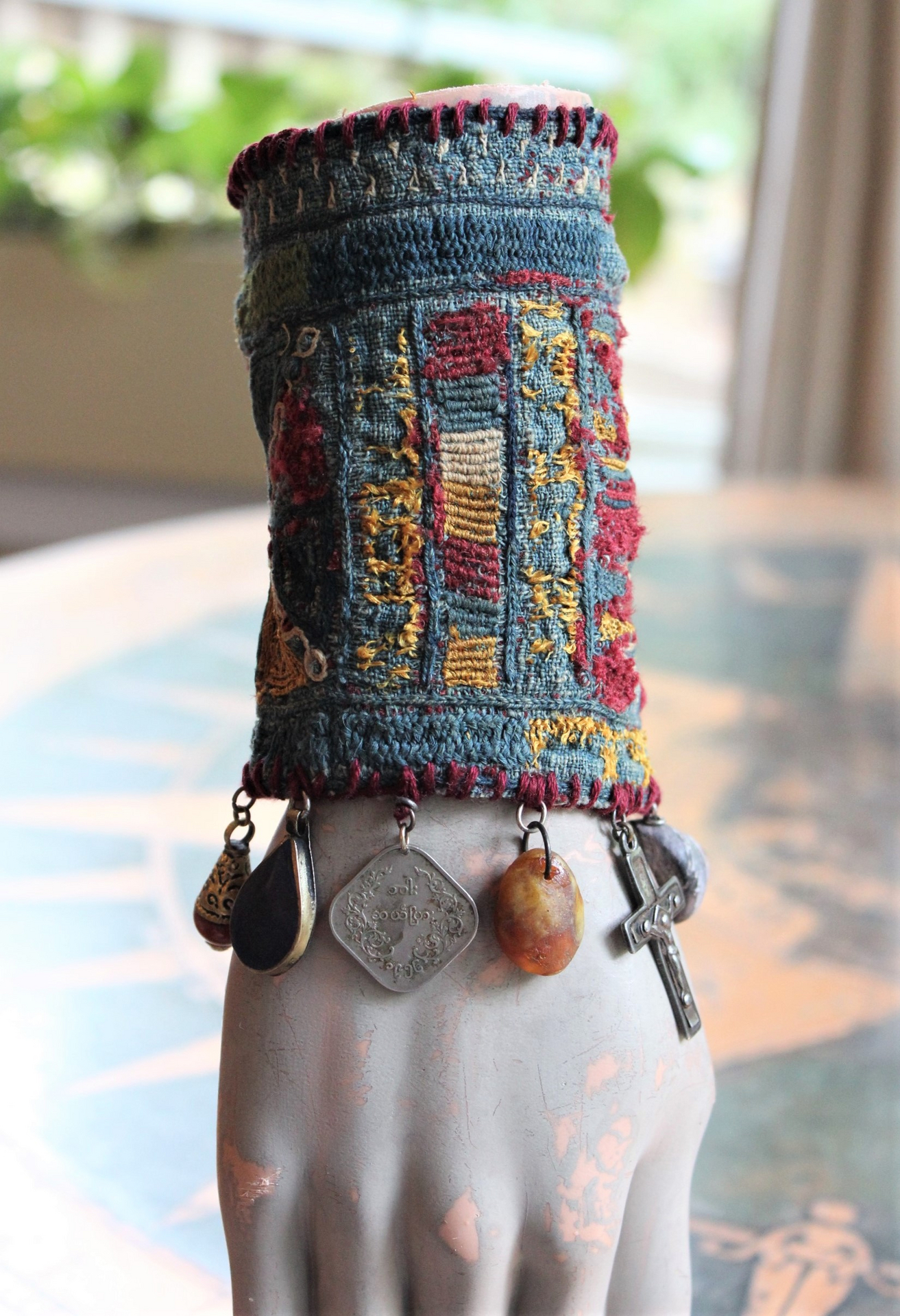SOLD to L Wide Antique Lambani Textile Cuff with Assorted Antique Medals, Crosses and Drops