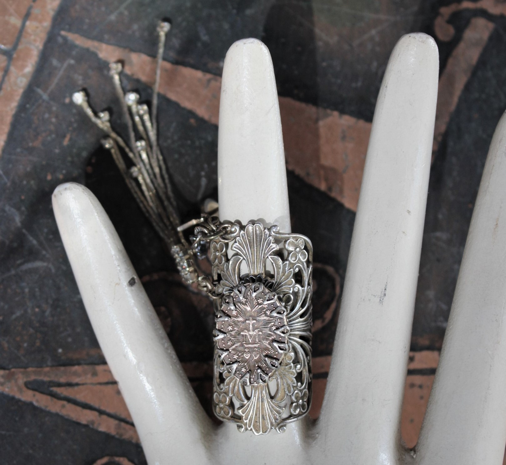 Long Vintage Filigree Ring with Antique French Sacred Heart Medal, Antique Sterling Vermeil Cross, Antique Faceted Rock Crystal Drop & Crystal Chain Tassel