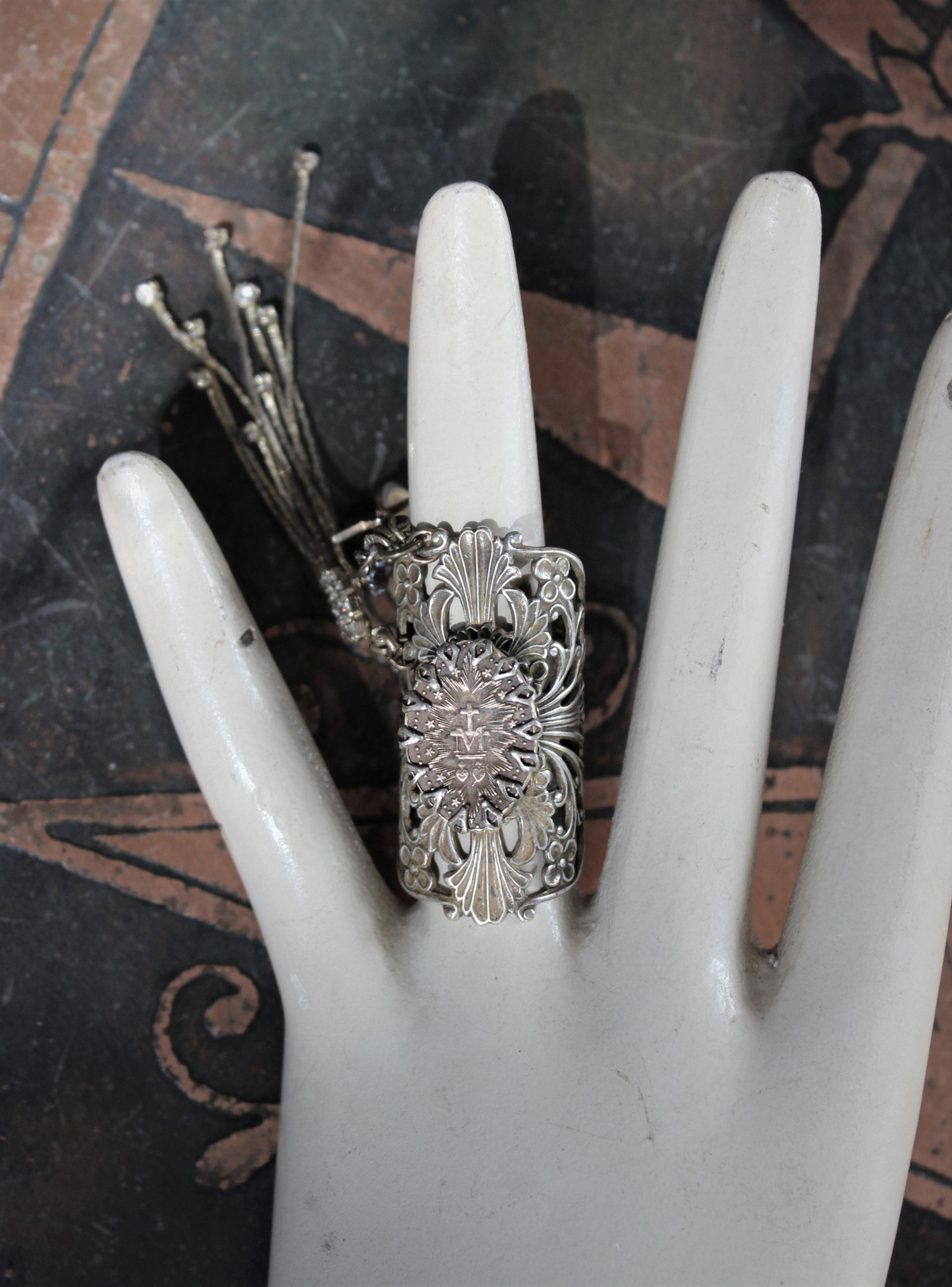 Long Vintage Filigree Ring with Antique French Sacred Heart Medal, Antique Sterling Vermeil Cross, Antique Faceted Rock Crystal Drop & Crystal Chain Tassel