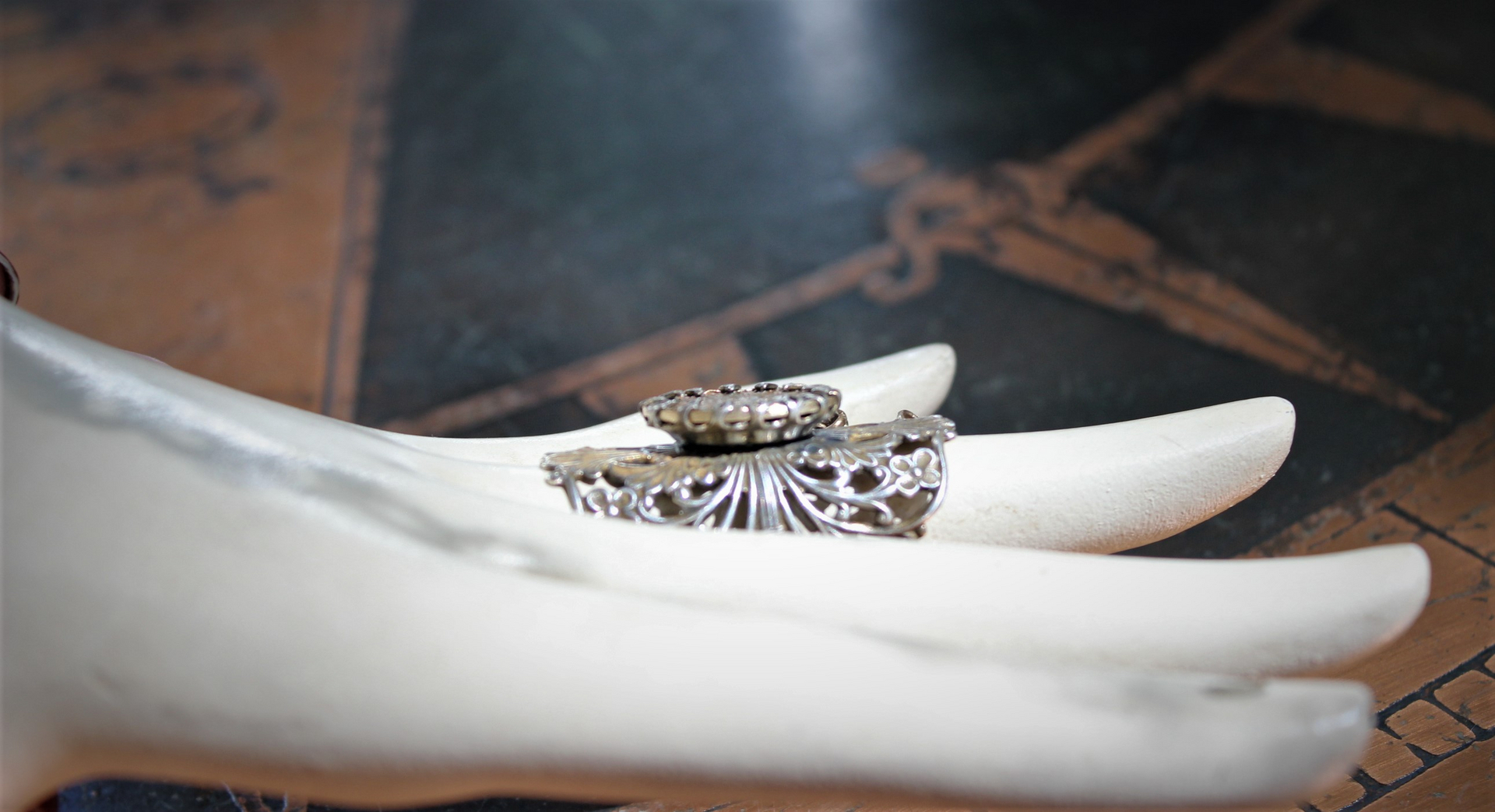Long Vintage Filigree Ring with Antique French Sacred Heart Medal, Antique Sterling Vermeil Cross, Antique Faceted Rock Crystal Drop & Crystal Chain Tassel