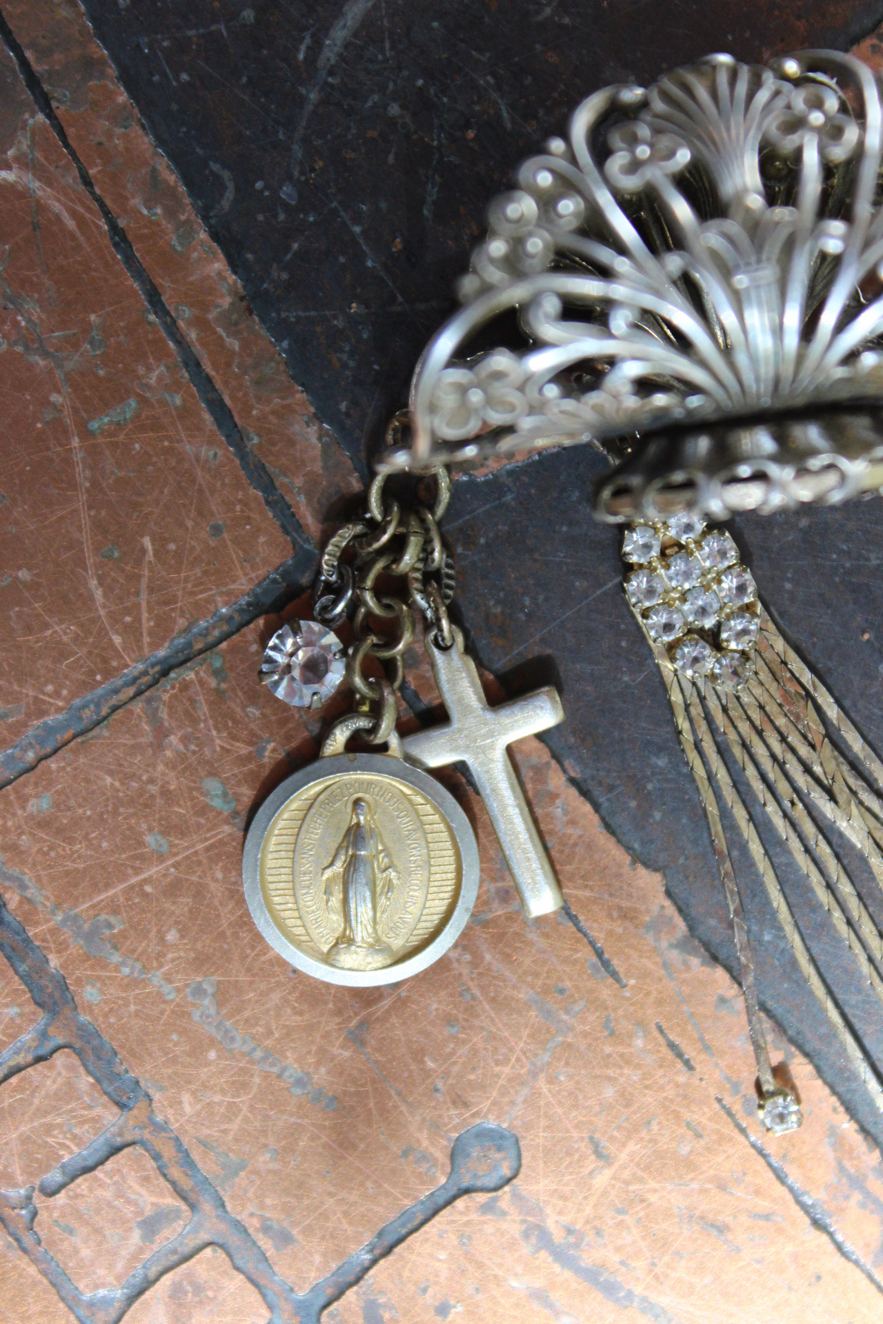 Long Vintage Filigree Ring with Antique French Sacred Heart Medal, Antique Sterling Vermeil Cross, Antique Faceted Rock Crystal Drop & Crystal Chain Tassel
