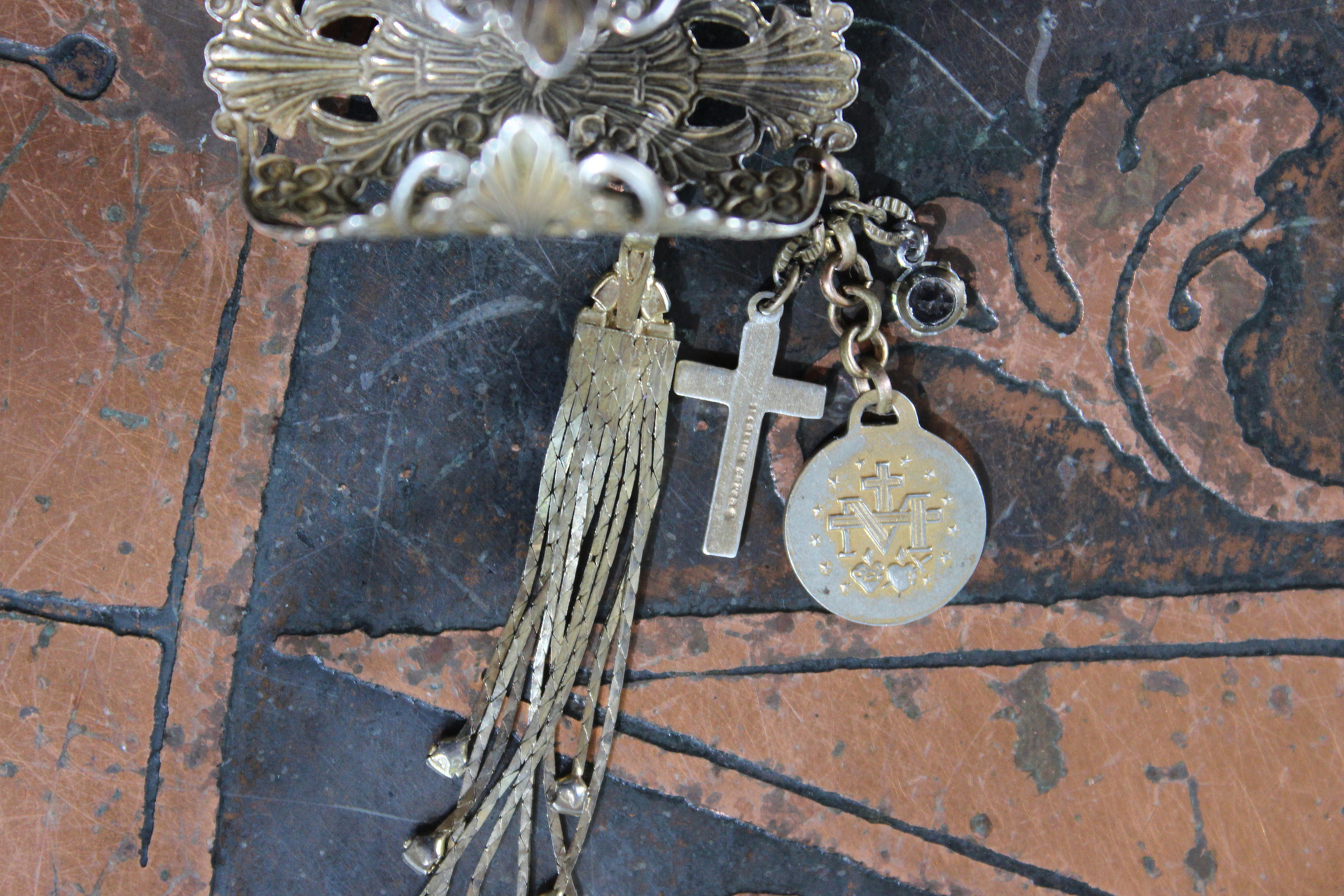 Long Vintage Filigree Ring with Antique French Sacred Heart Medal, Antique Sterling Vermeil Cross, Antique Faceted Rock Crystal Drop & Crystal Chain Tassel
