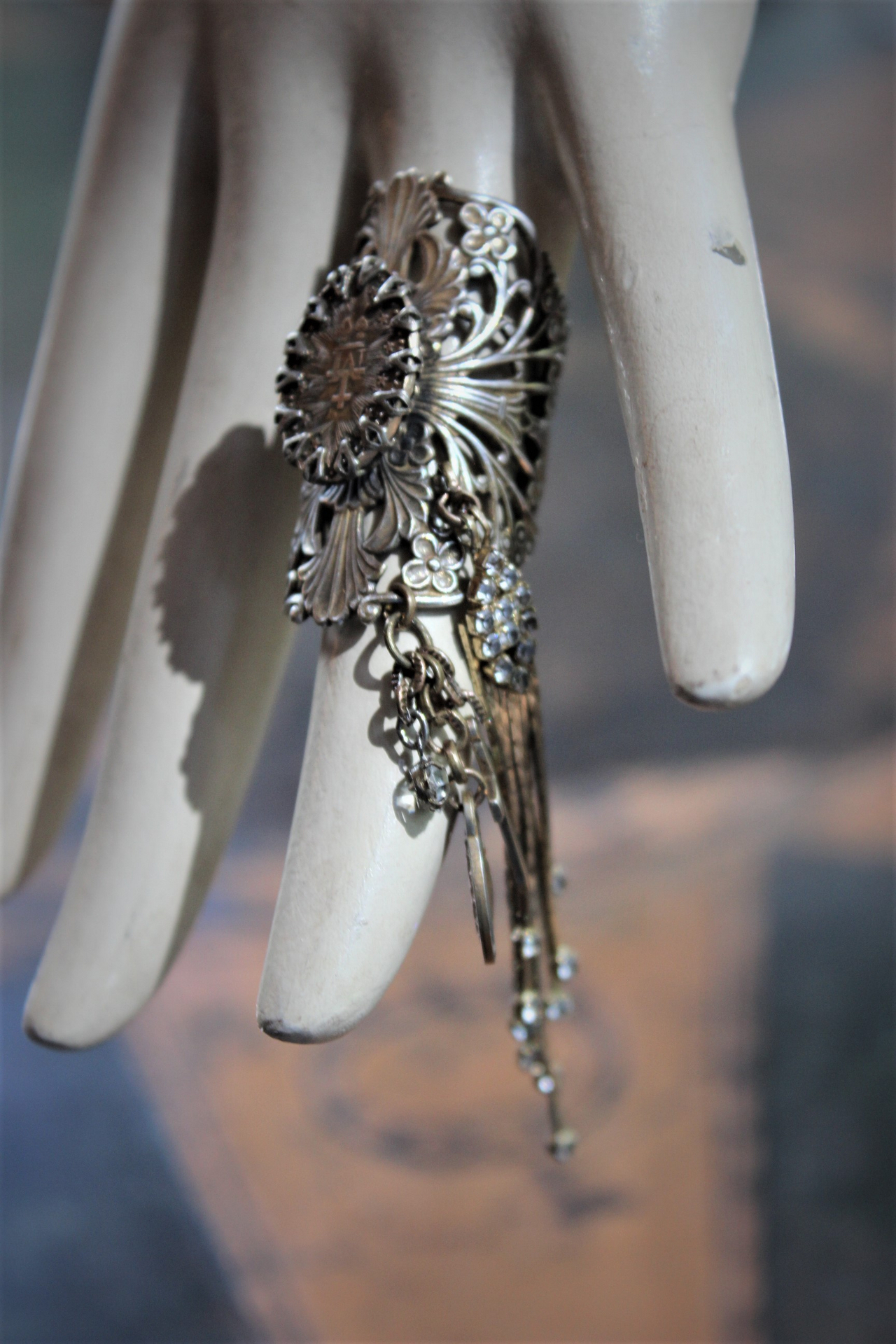 Long Vintage Filigree Ring with Antique French Sacred Heart Medal, Antique Sterling Vermeil Cross, Antique Faceted Rock Crystal Drop & Crystal Chain Tassel