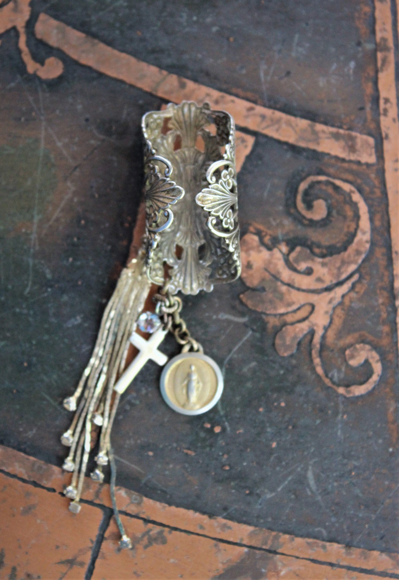 Long Vintage Filigree Ring with Antique French Sacred Heart Medal, Antique Sterling Vermeil Cross, Antique Faceted Rock Crystal Drop & Crystal Chain Tassel