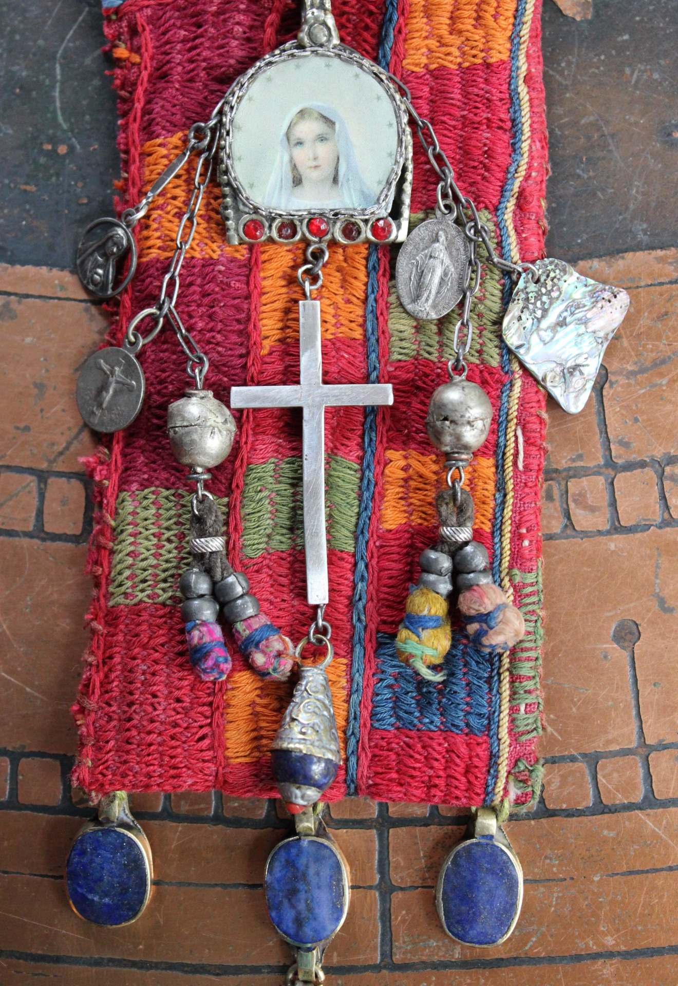 All His Grace Necklace with Antique Lambani Textile Pouch,Antique Marian Image Pendant, Vintage Sterling Cross,Antique Tassel Poms & More!