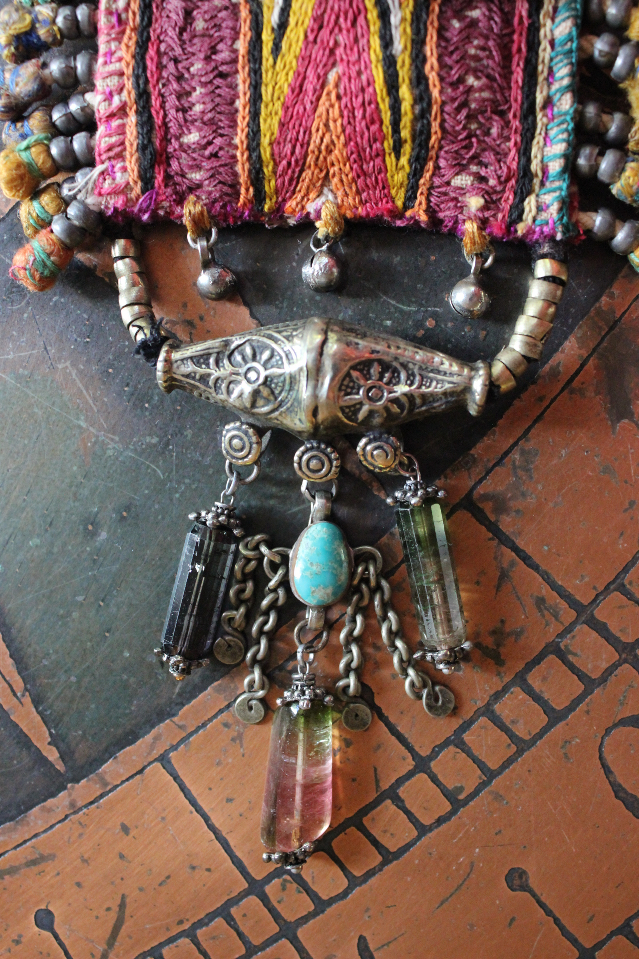The Shield Necklace with Amazing Lambani Textile Pouch,Faceted Barrel Tourmaline, Twilight Triangle Goldstone, Turquoise and More!