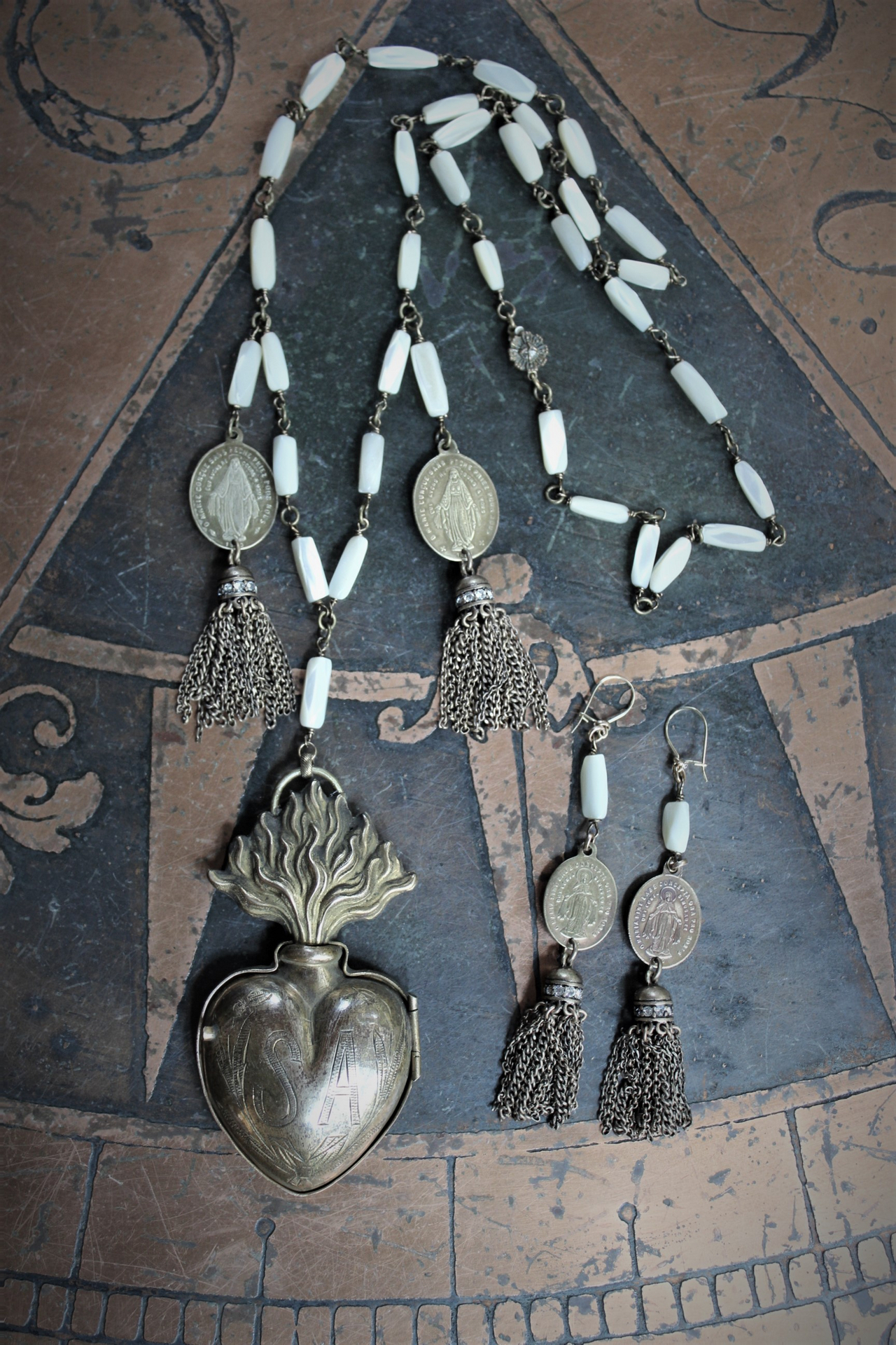 With Me Necklace Set w/Antique French Engraved Saint Anne Ex Voto Locket, Antique French Immaculate Mary Medals,Antique MOP Chain, Antique Chain Tassels