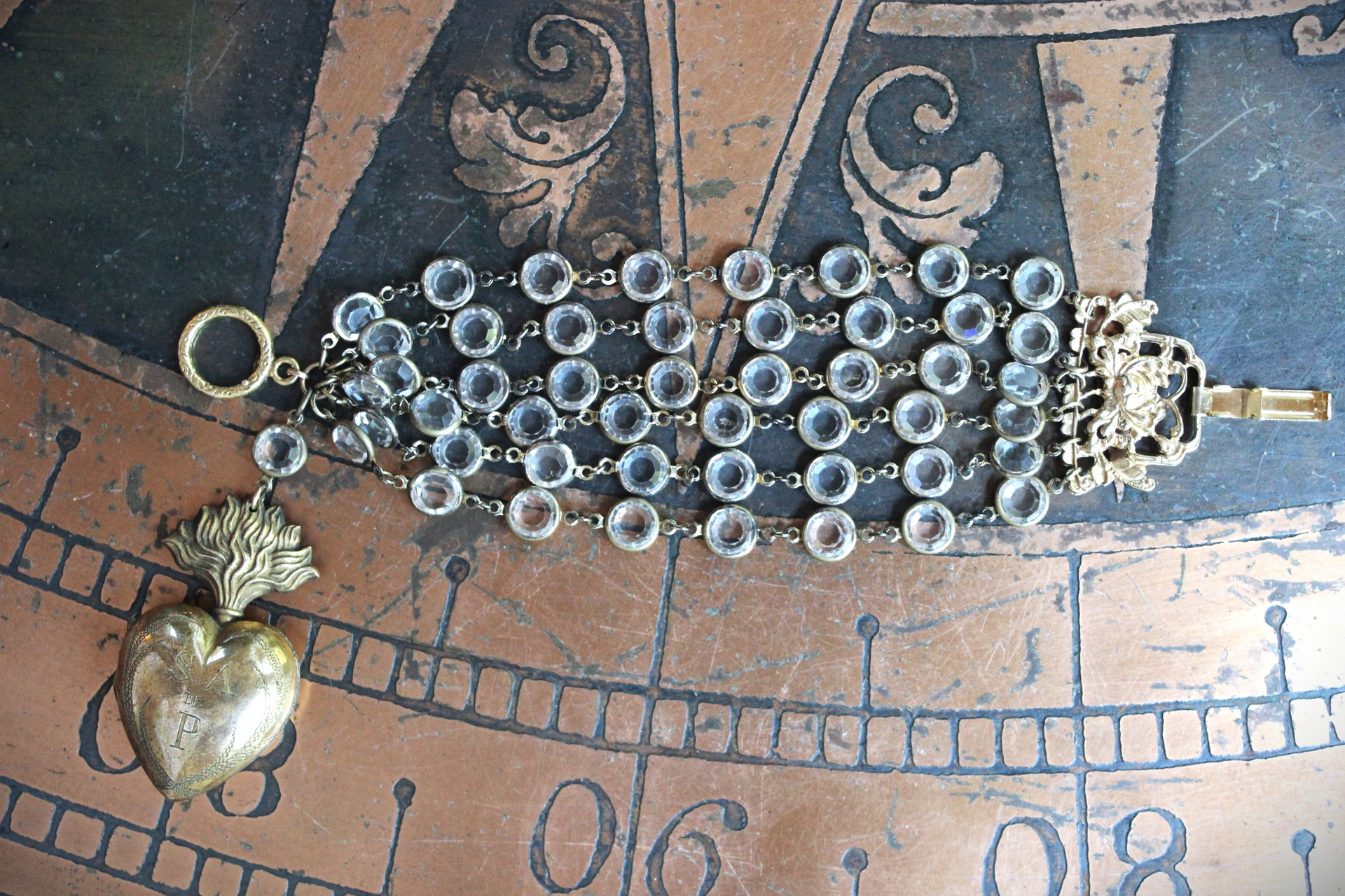 The Wisdom Bracelet with Petit Antique French Engraved St. Anthony of Padua Ex Voto Heart Locket,Vintage Bezel Set Flat Faceted Crystal Chain,Unique Clasp