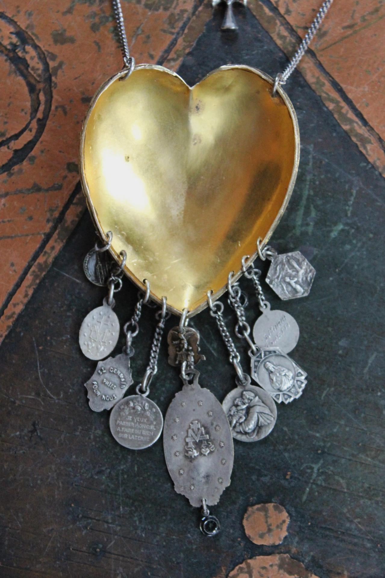Heart of St. Therese Necklace with Antique French Medals, Antique Art Deco Faceted Crystal Drops,Antique Chain