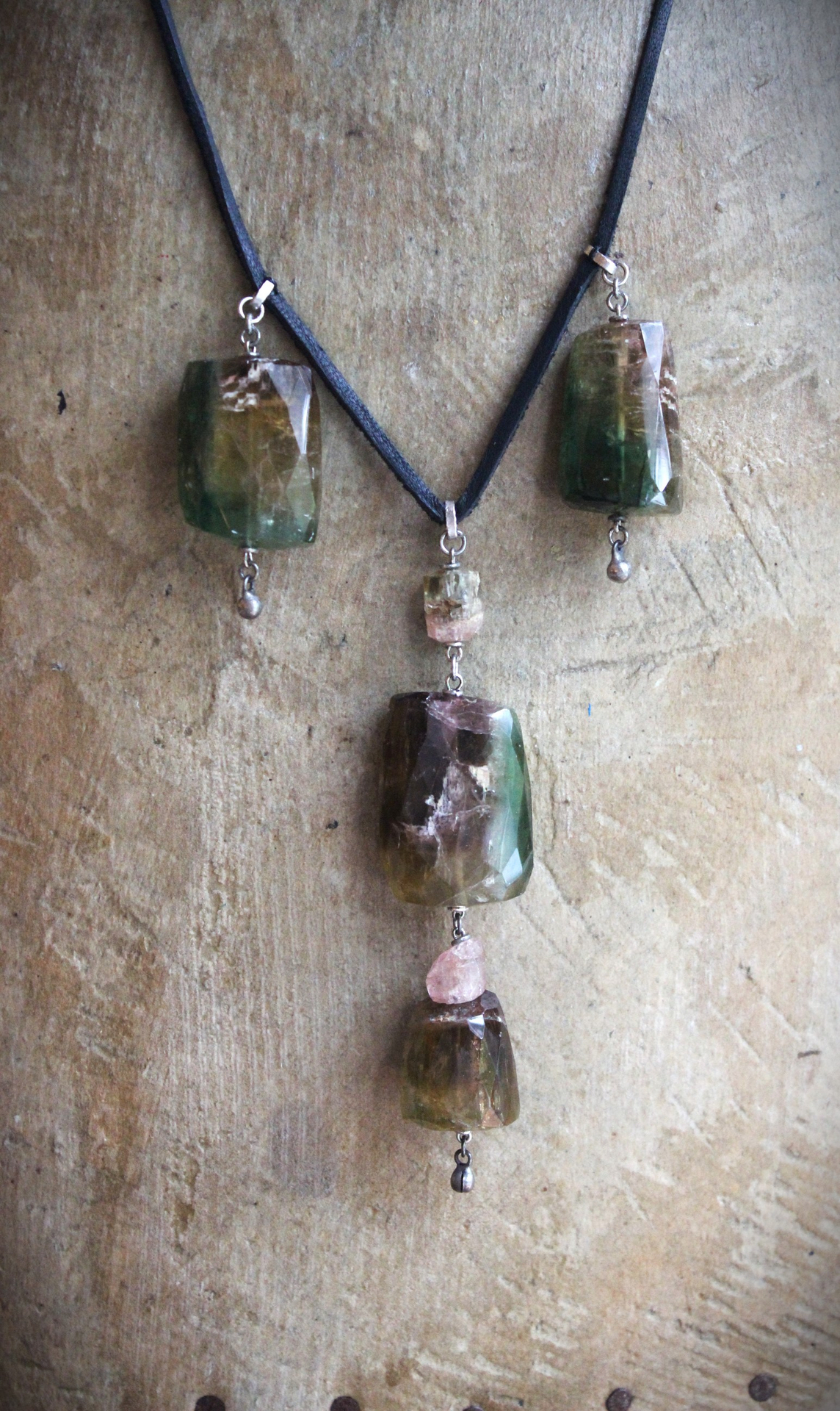 Faceted Watermelon Tourmaline Necklace with Butter Soft Black Leather Ties
