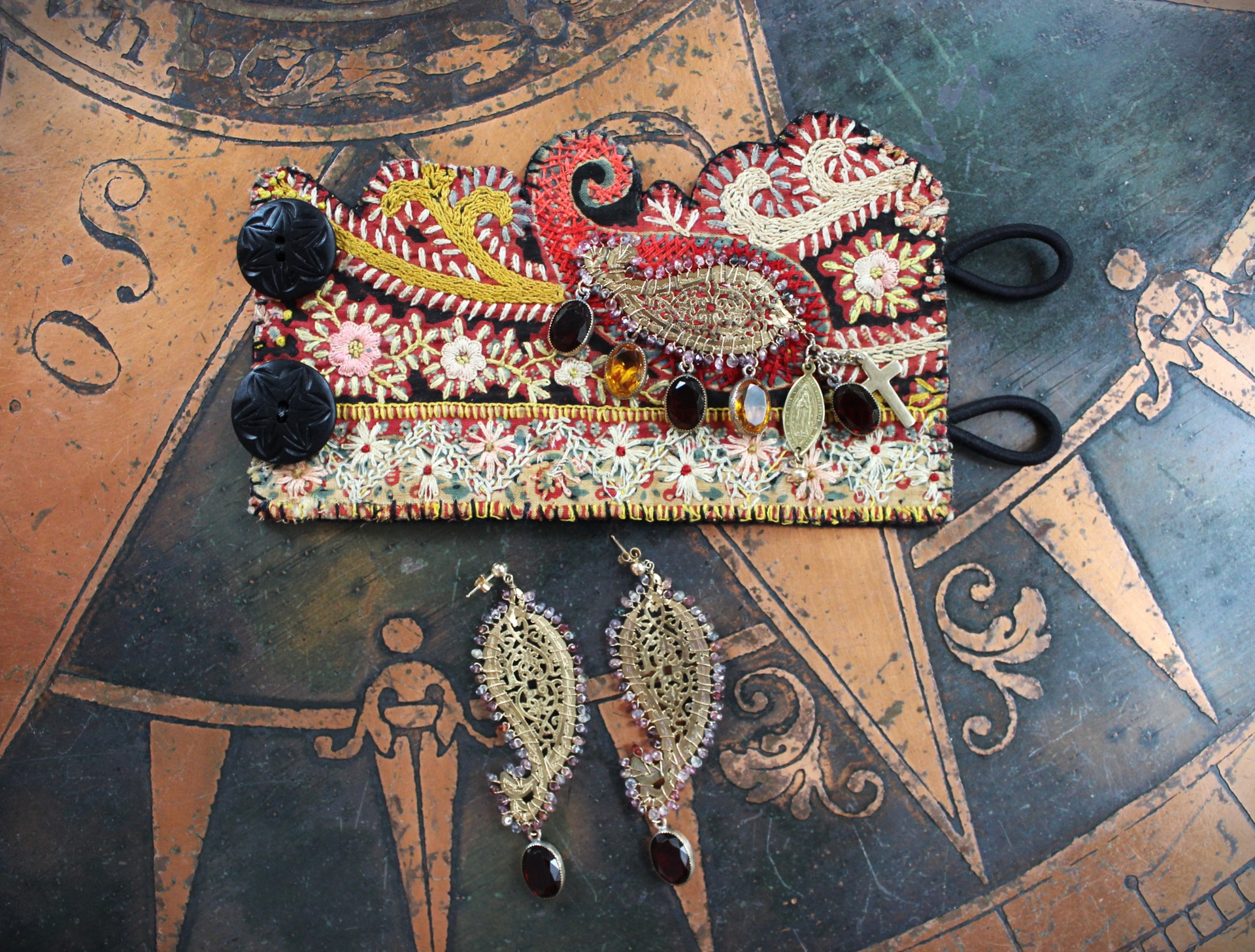 SOLD TO J One Spirit Cuff Bracelet & Earring Set w/Antique Embroidered Paisley Textile,14K GF Open Work & Gemstone Paisleys, Antique Sawtooth Set Crystals & More!