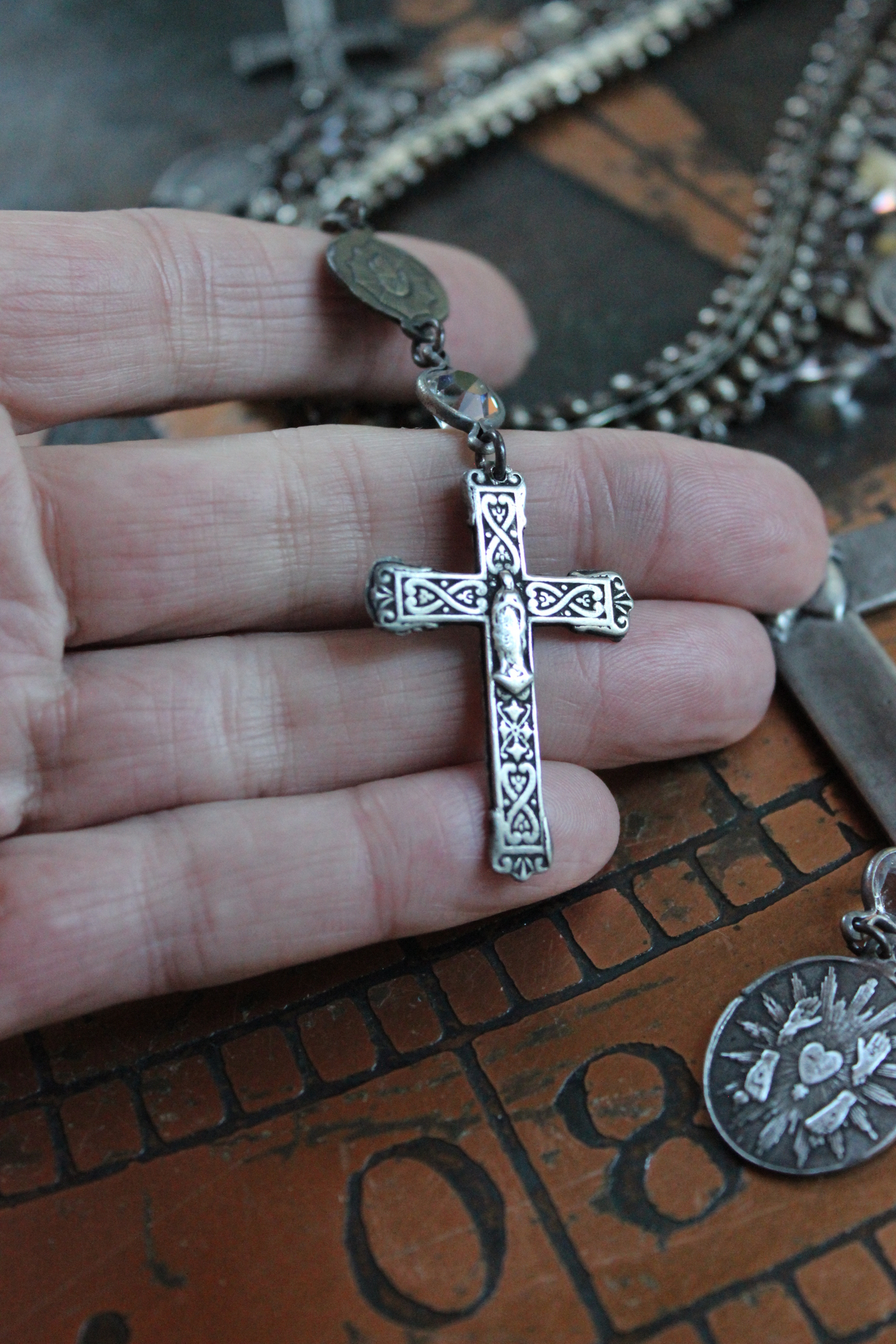 The Stigmata Necklace with Antique French Crosses,Wounds of Christ Medals,Antique Bezel Set Faceted Crystal Connectors & More!