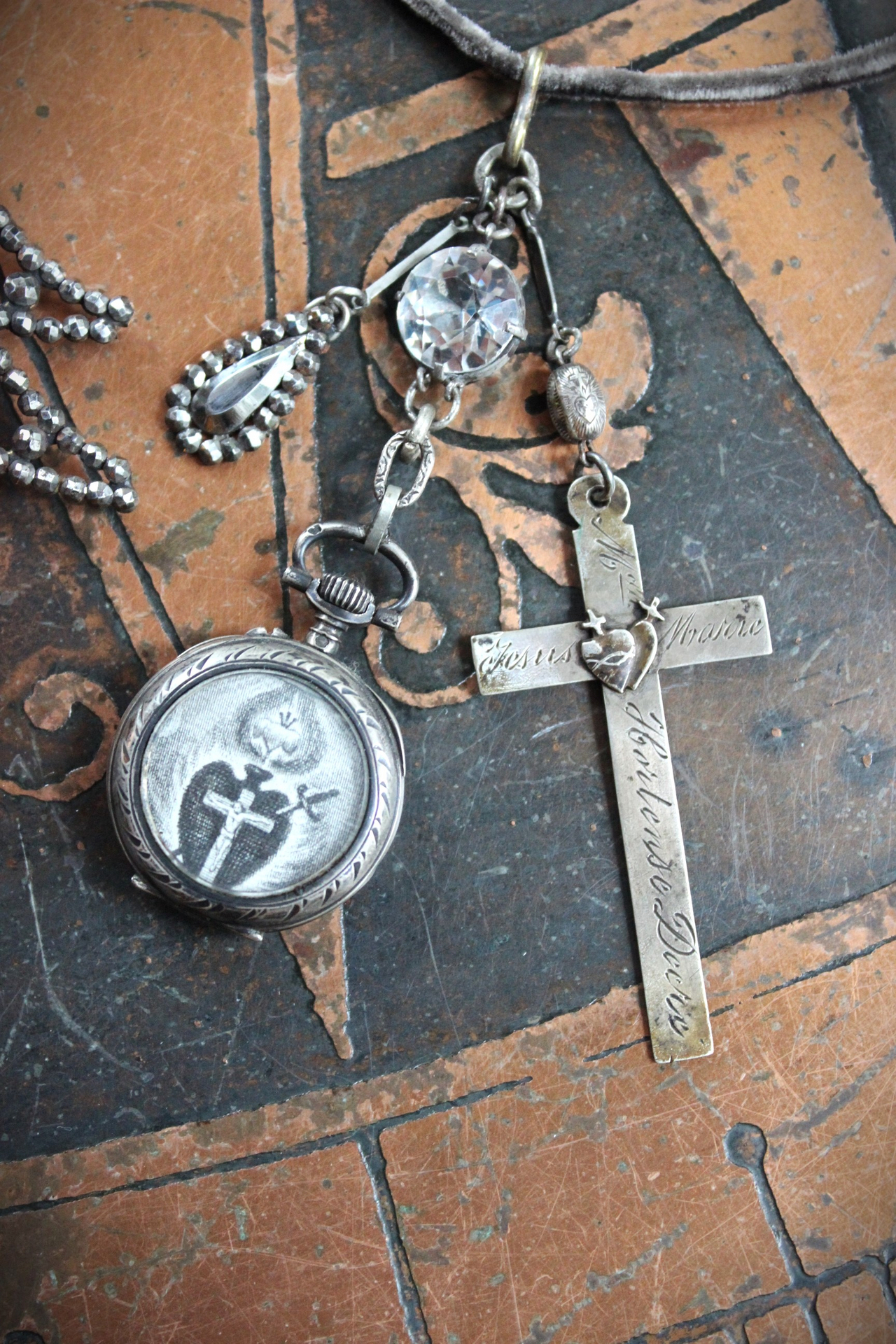 You Have Wings Necklace Set with Antique Cut Steel Wing, Rare Antique French 1903 Engraved Sacred Heart Cross,Antique Sterling Watch Locket & More!