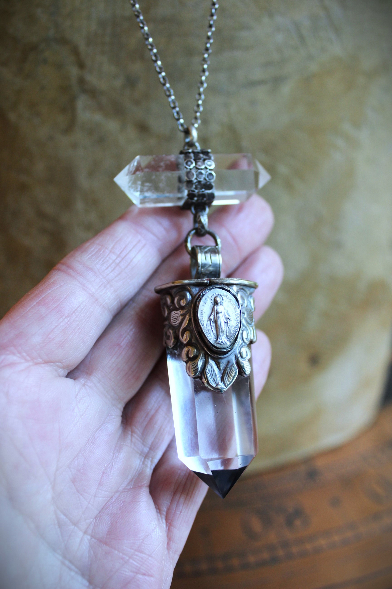 SOLD to J The Mother Necklace with Silver Capped Clear Quartz Crystal Point, Double Terminated Quartz Point, Sterling Chain and Sterling Toggle Clasp