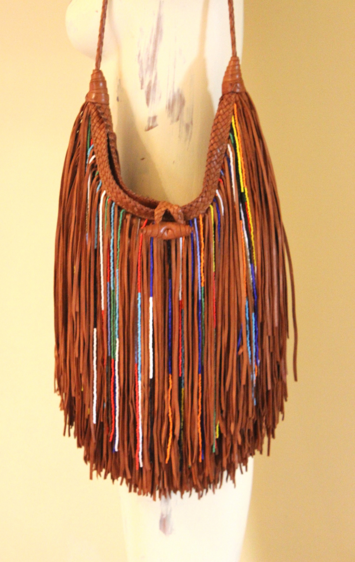 Rare En Shalla Leather and Bead Fringe Bag