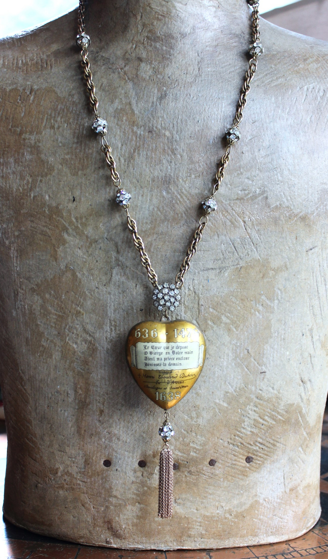 Rare 1938 French Sacred Heart Locket Necklace with 2 Antique Scapulars,Vintage Faceted Rhinestone Connectors and Chain Tassel