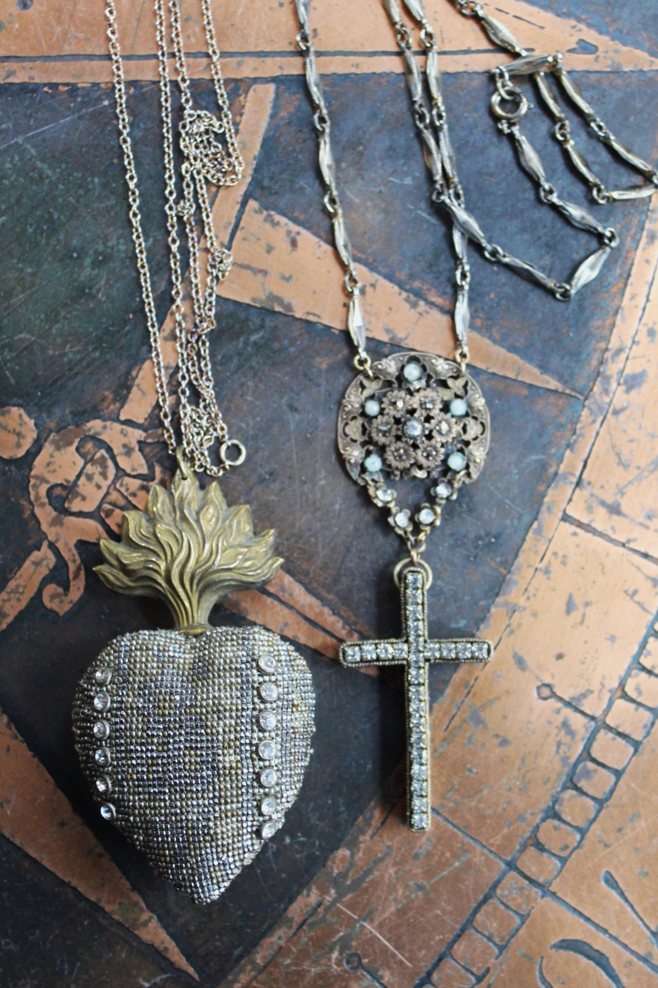 Unique Antique French Flaming Heart Ex Voto Locket & Cross Set w/Antique Faceted Prong Set Rhinestones, Filigree Connector, Embossed Bar Link Chain