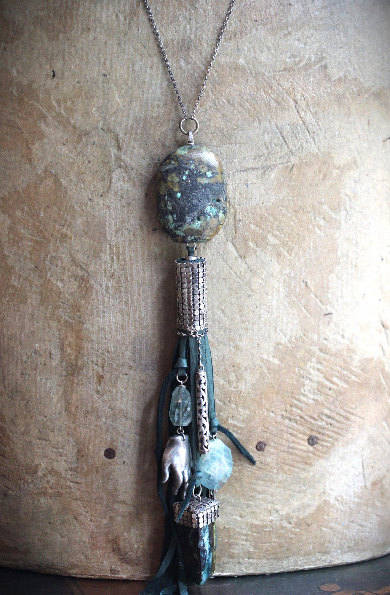 SOLD to J You will Find Necklace with Forest Green Leather Tassel,Silver Mesh,Silver Hand,Ancient Turquoise,Opalized Petrified Wood Point & More!
