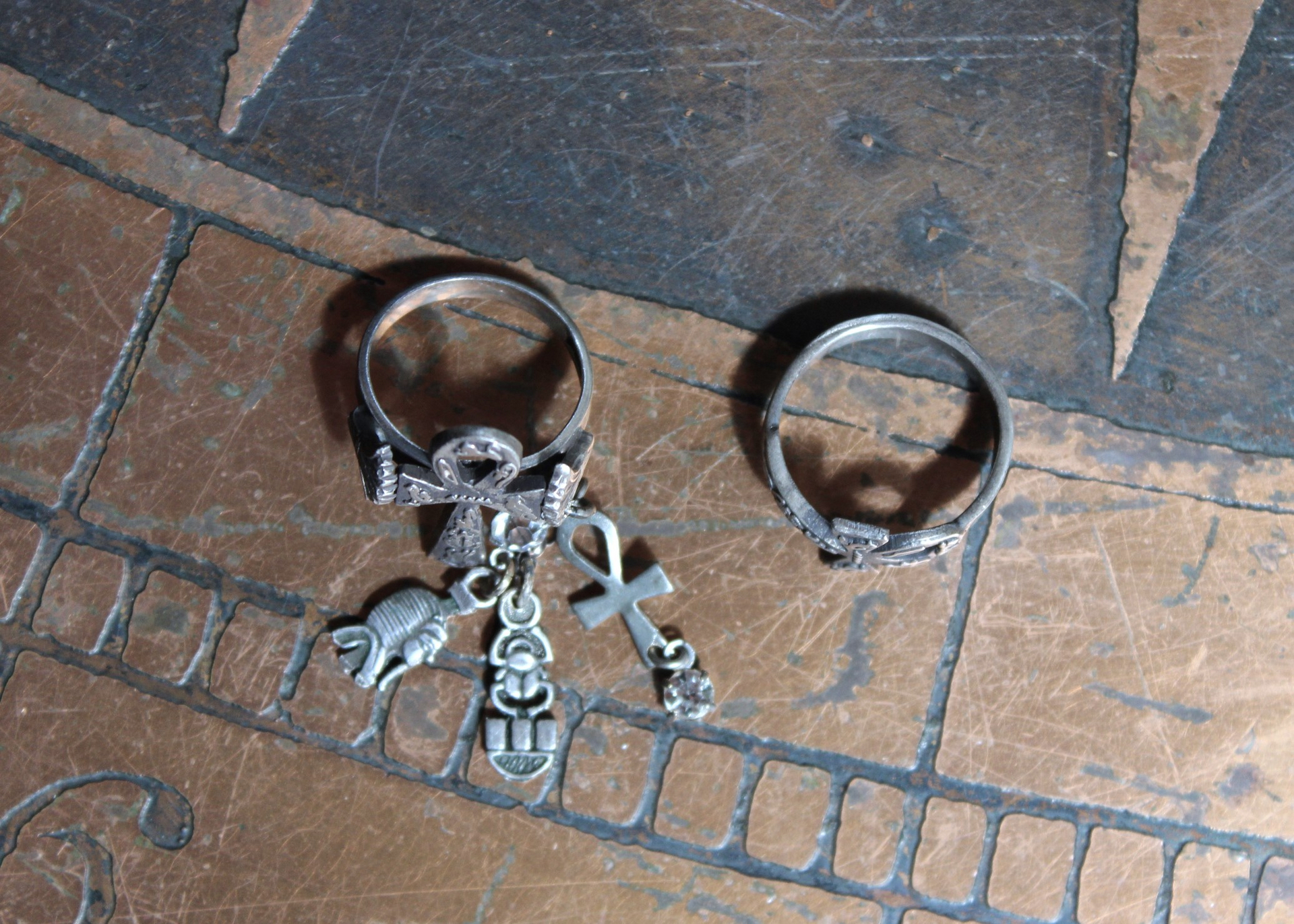 Antique Sterling Ankh Ring Set with Tiny Medals,Ankh Cross and Antique Faceted Prong Set Rock Crystals
