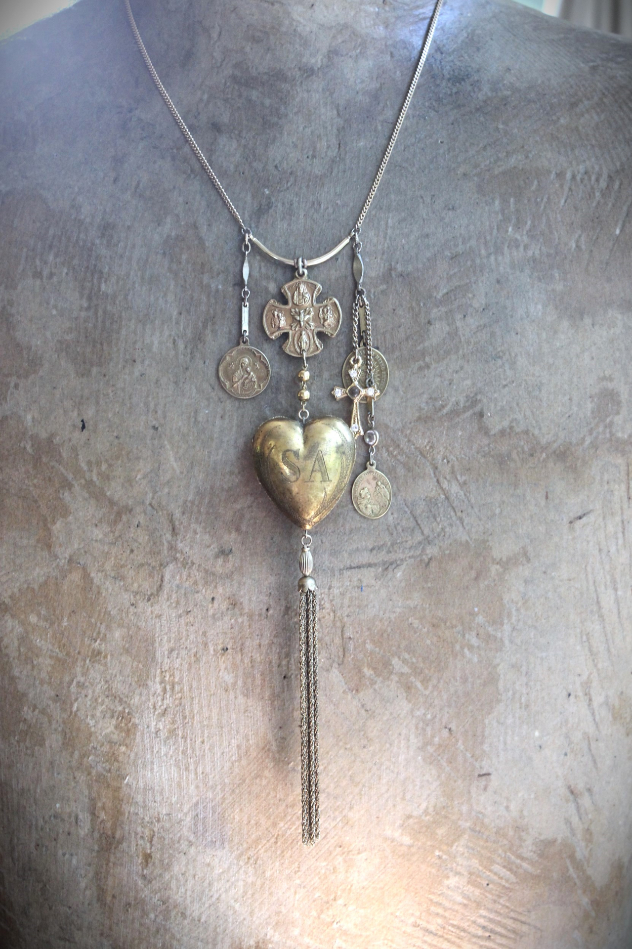 The Life of the Soul Necklace w/Small Antique French Engraved Ex Voto Locket, Antique Stanhope Cross Antique European Medals, Rare 4 Way Scapular Cross & More!