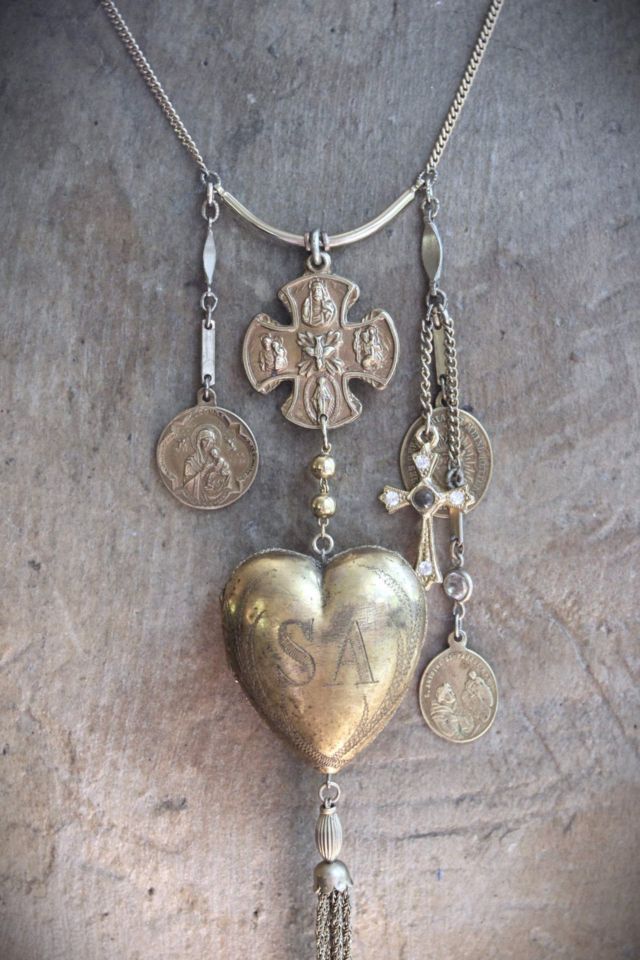 The Life of the Soul Necklace w/Small Antique French Engraved Ex Voto Locket, Antique Stanhope Cross Antique European Medals, Rare 4 Way Scapular Cross & More!