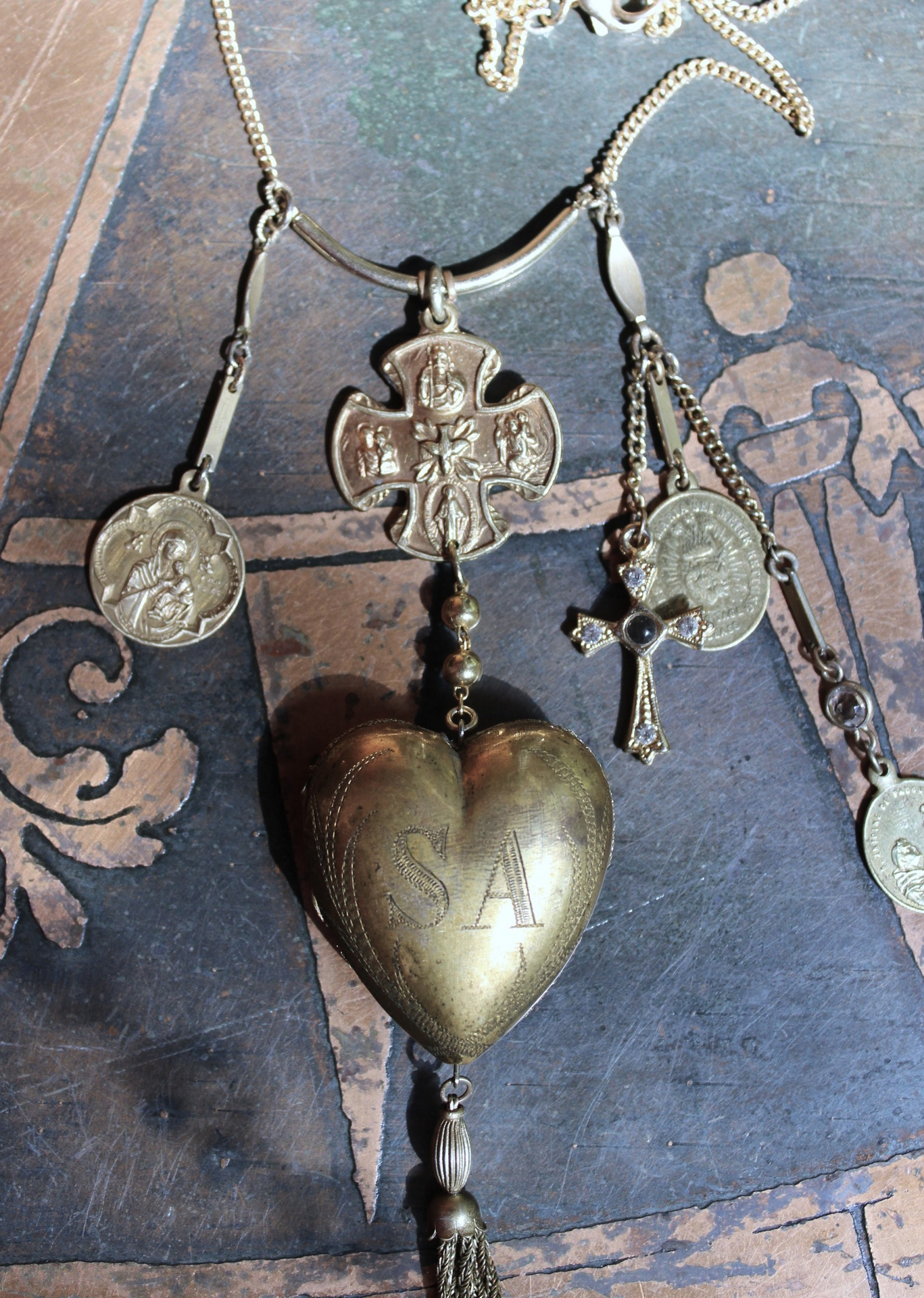 The Life of the Soul Necklace w/Small Antique French Engraved Ex Voto Locket, Antique Stanhope Cross Antique European Medals, Rare 4 Way Scapular Cross & More!