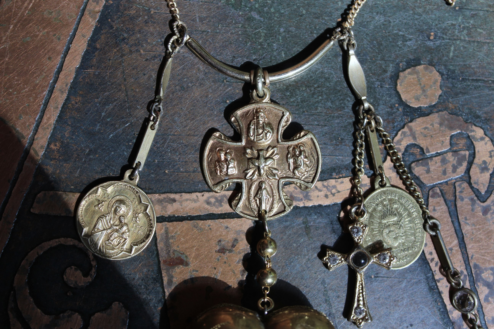The Life of the Soul Necklace w/Small Antique French Engraved Ex Voto Locket, Antique Stanhope Cross Antique European Medals, Rare 4 Way Scapular Cross & More!