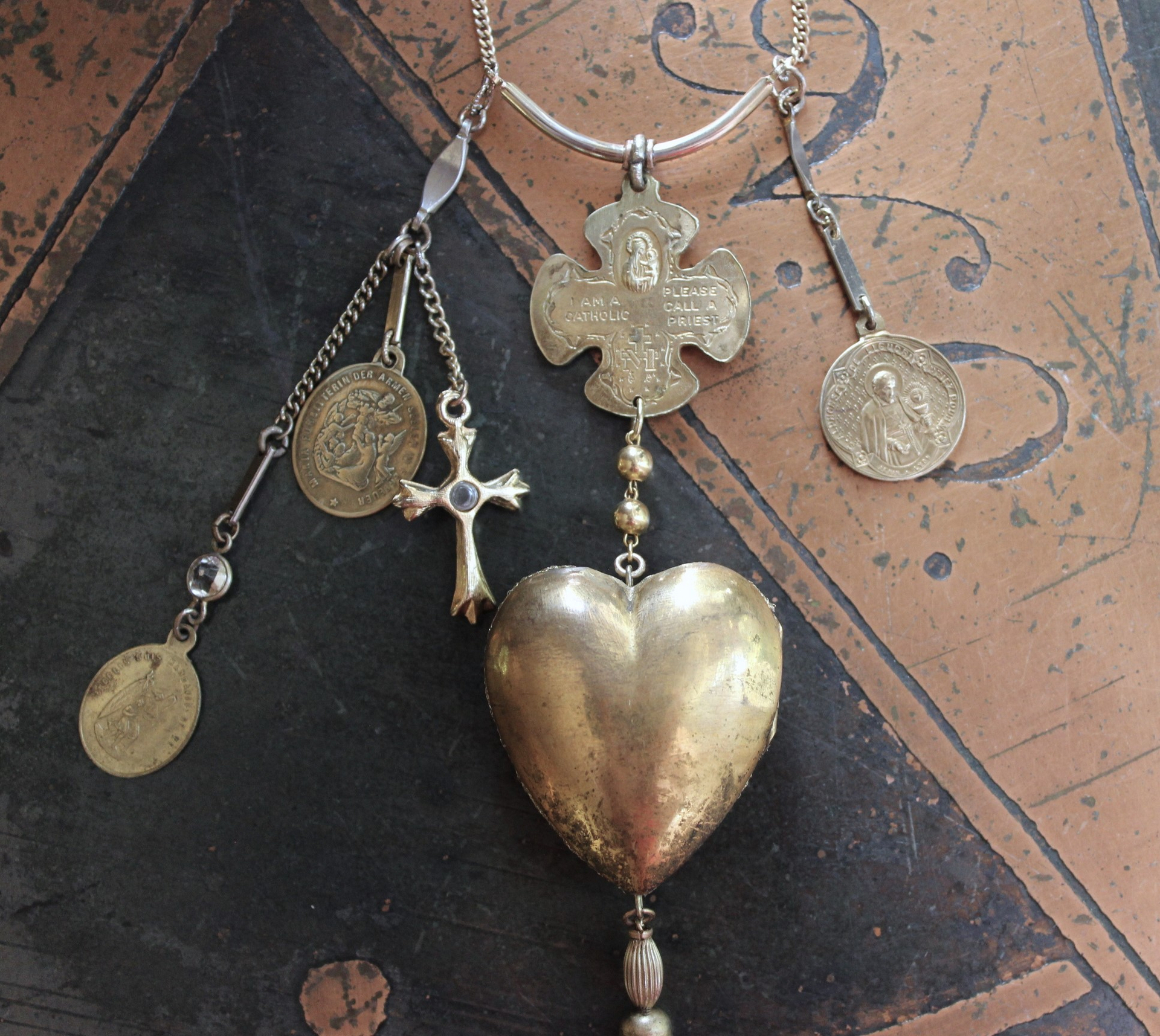The Life of the Soul Necklace w/Small Antique French Engraved Ex Voto Locket, Antique Stanhope Cross Antique European Medals, Rare 4 Way Scapular Cross & More!
