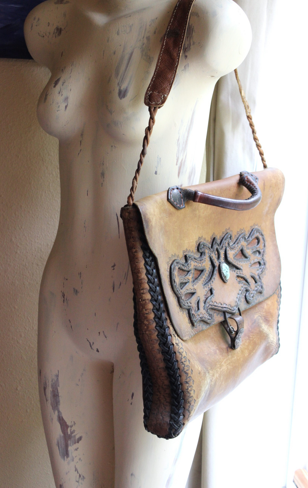 Amazing Old Carved Leather Bag with Turquoise Nugget & Unique Closure Tab- incredible old piece & perfect for Laptop Briefcase or as a Tote!