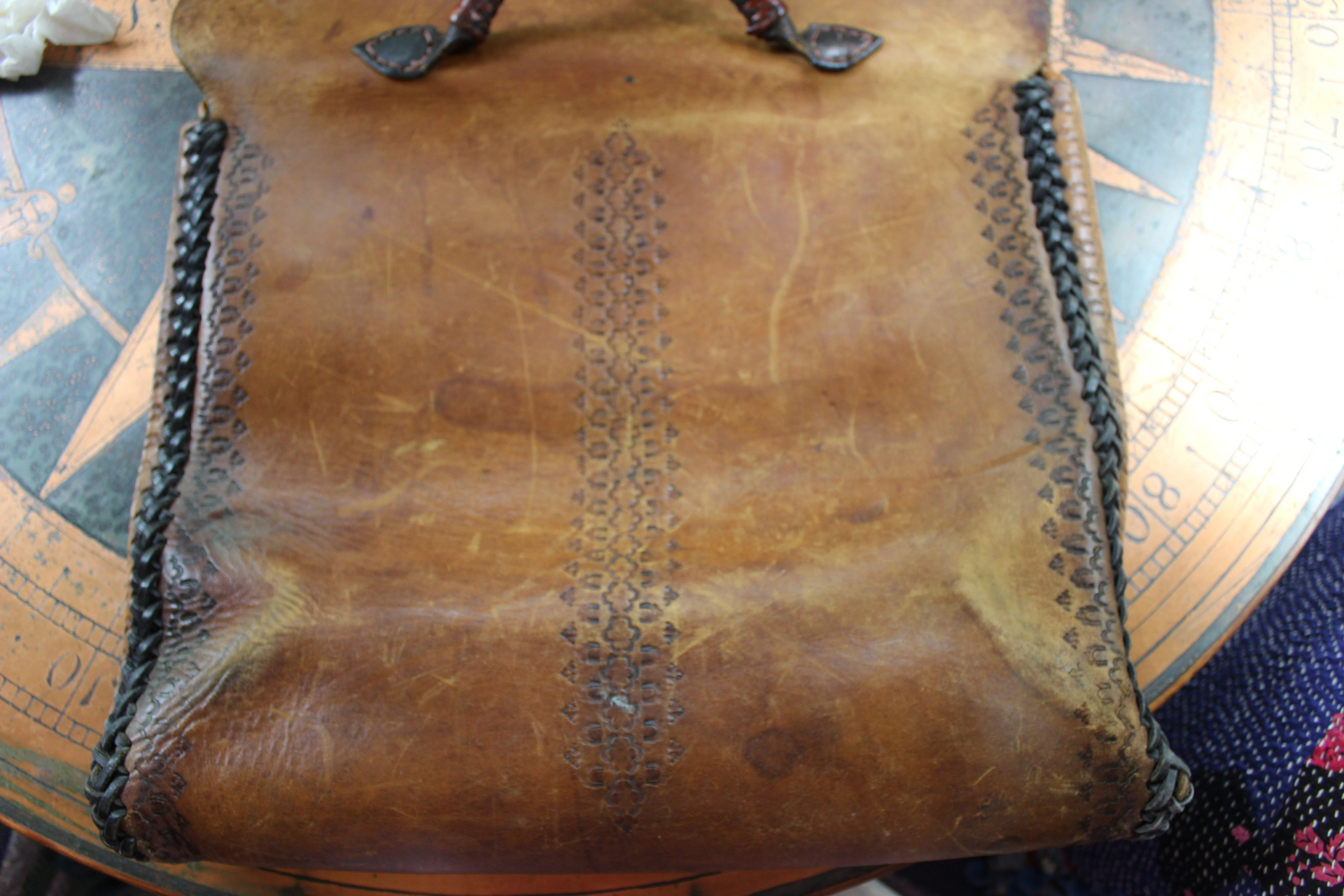 Amazing Old Carved Leather Bag with Turquoise Nugget & Unique Closure Tab- incredible old piece & perfect for Laptop Briefcase or as a Tote!