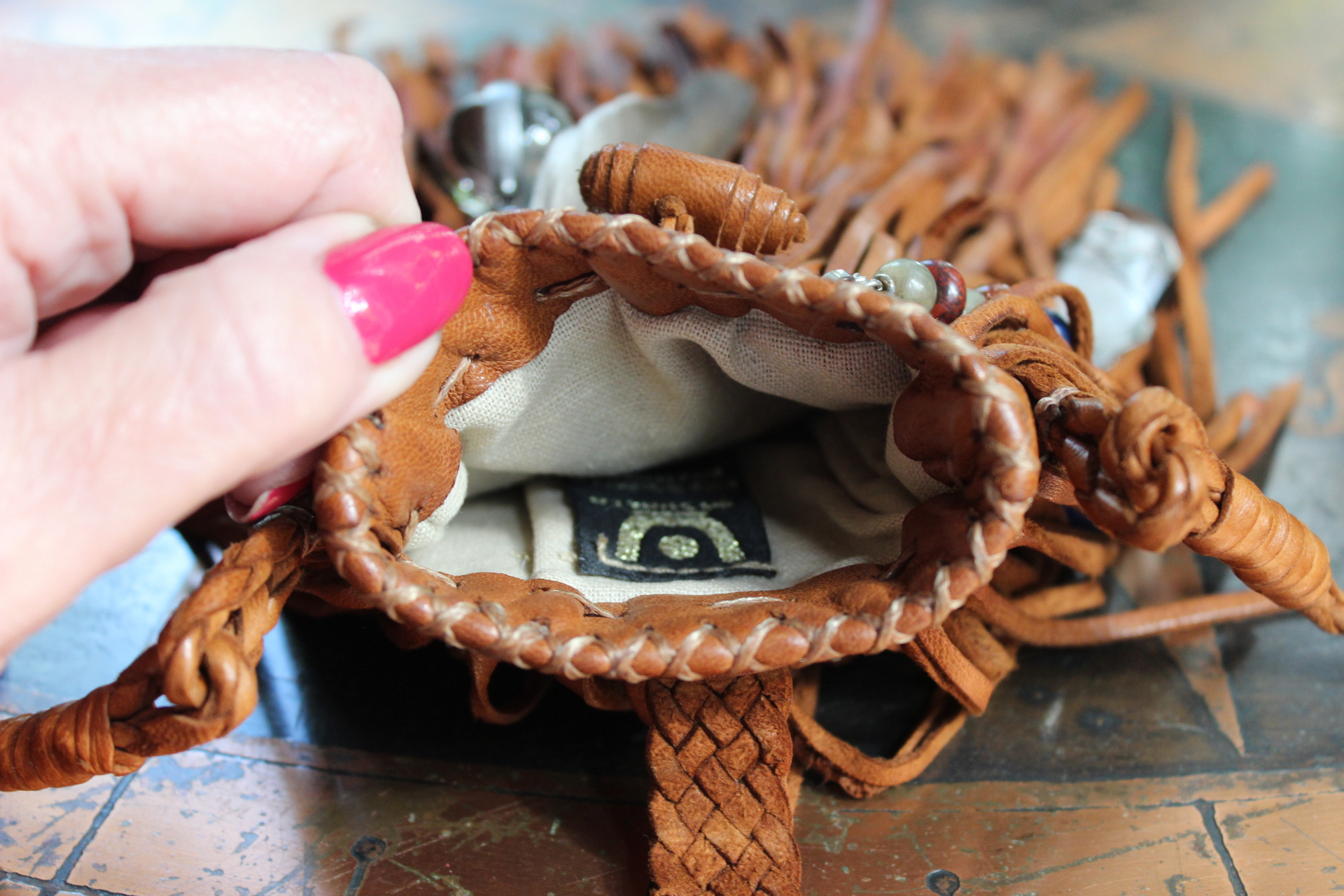 En Shalla Butter Soft Leather Cross Body Bag with Faceted Turquoise Drop,Glass Galaxy Orbs,Wire Wrapped Quartz & Feather