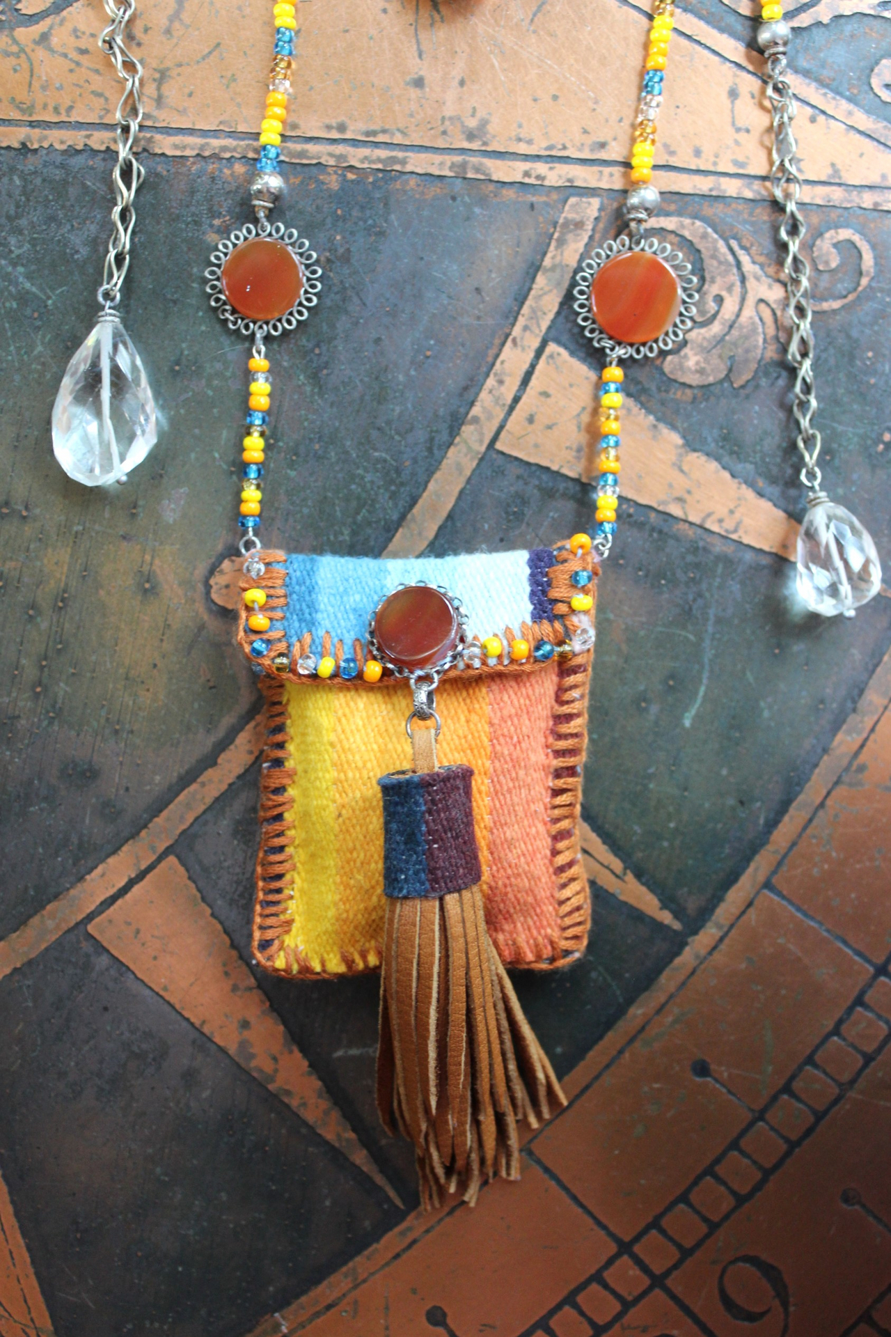 How you Shine Necklace with Hand Stitched & Beaded Antique Serape Textile Pouch, NA Seed Bead Chain,Faceted Rock Quartz Drops,Success Stone & More!