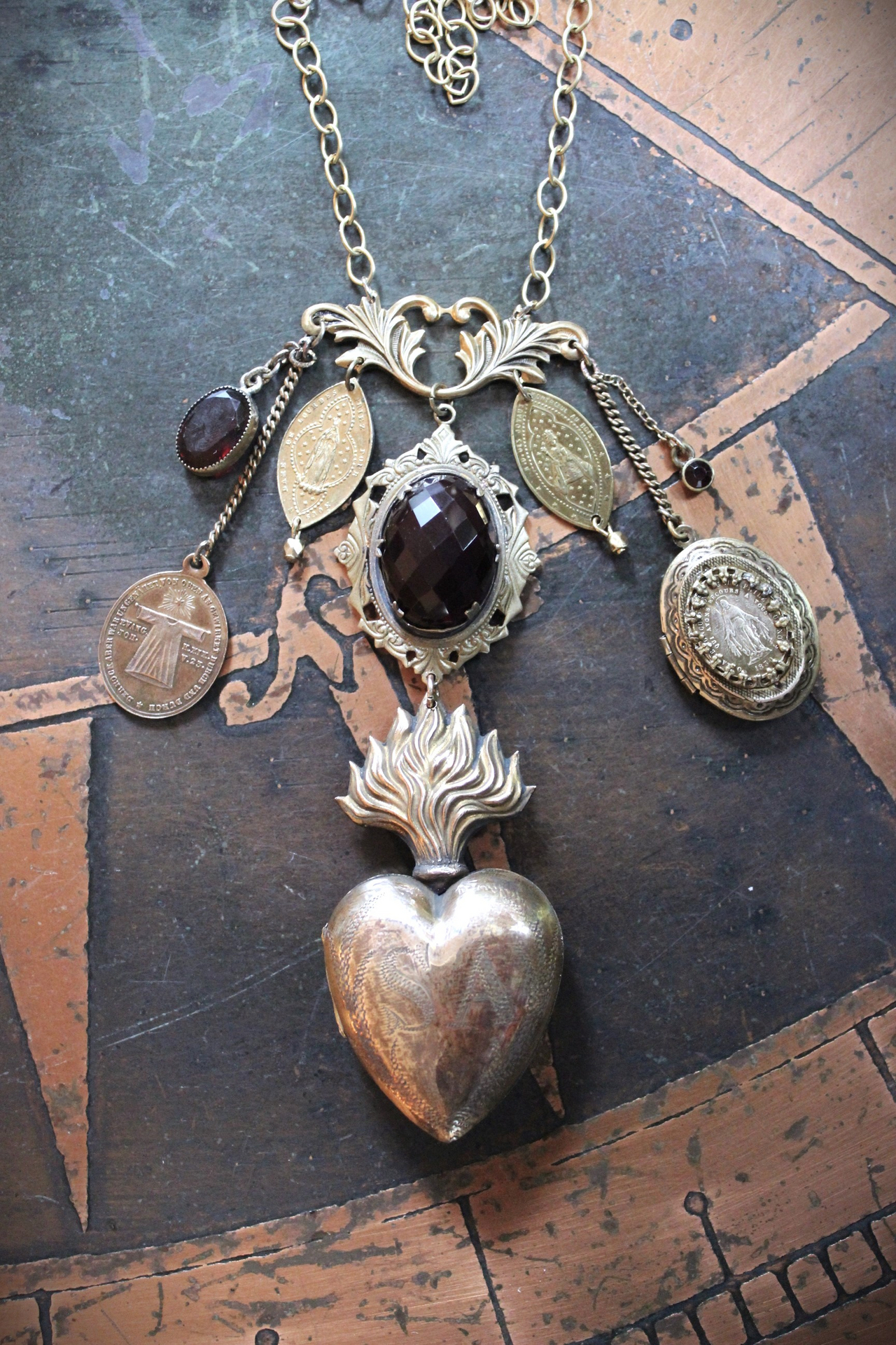 Antique Engraved Ex Voto Necklace with Amazing Faceted Blood of Christ Garnet,Marian Locket,Antique Medals & More!