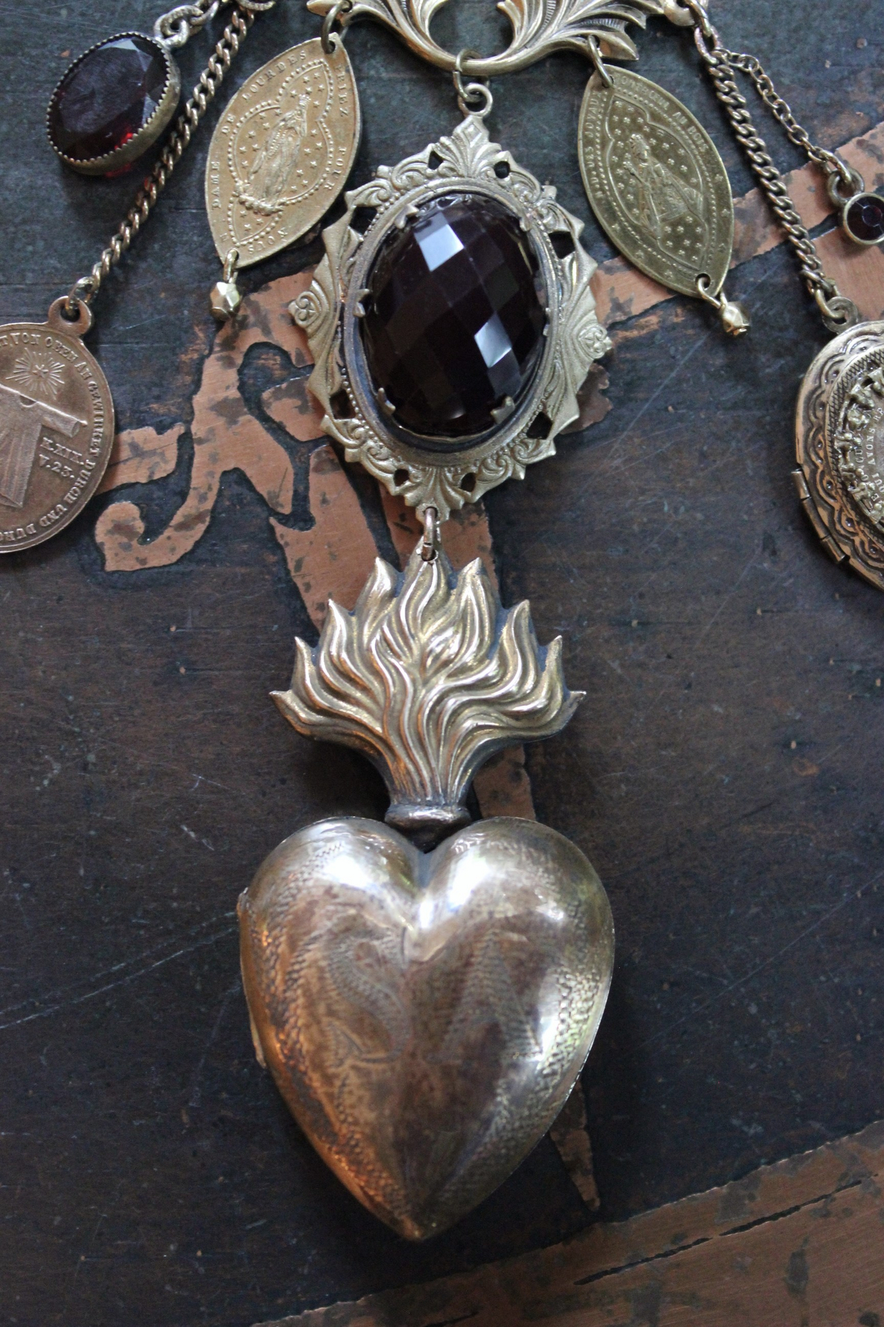 Antique Engraved Ex Voto Necklace with Amazing Faceted Blood of Christ Garnet,Marian Locket,Antique Medals & More!