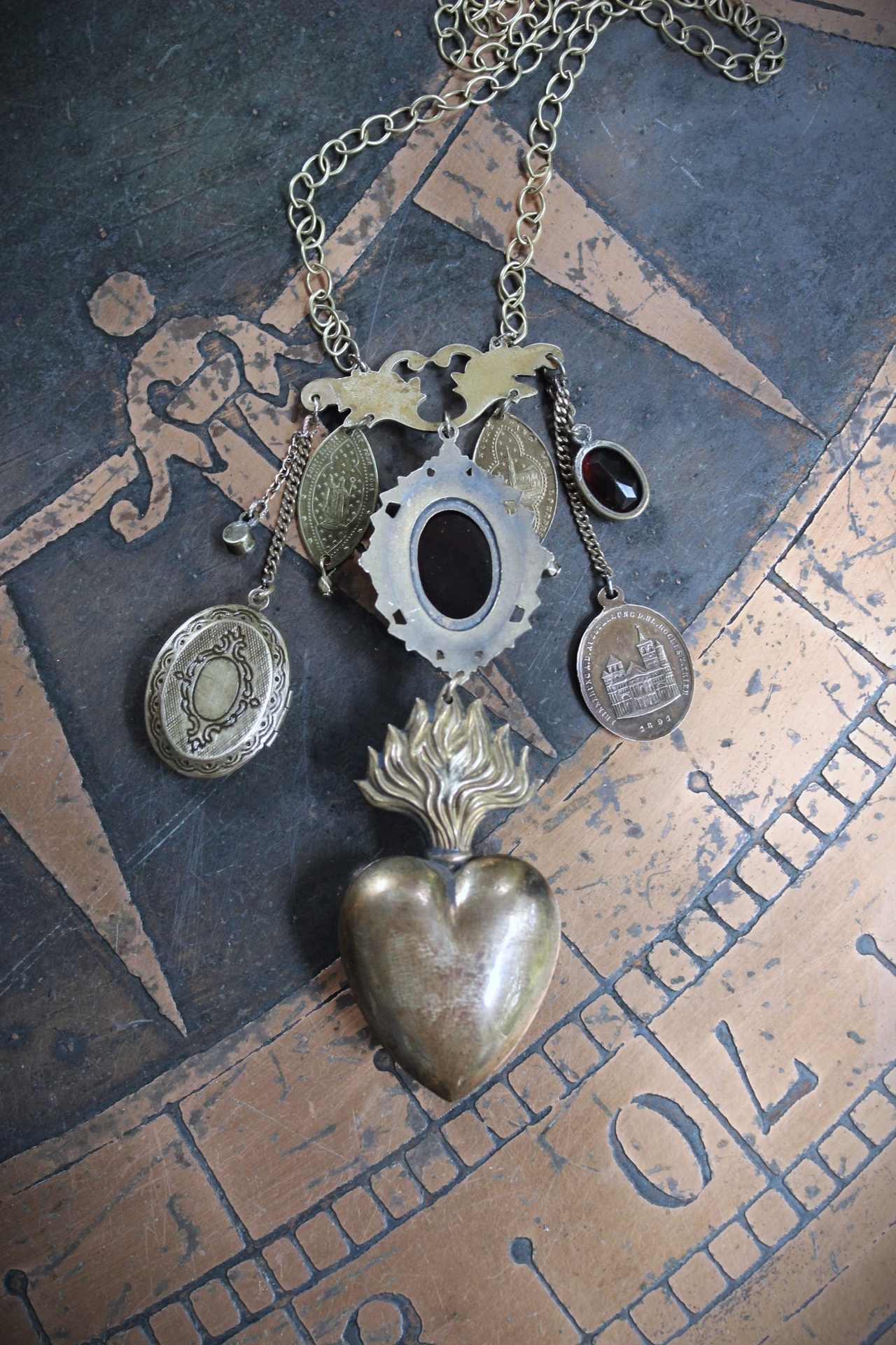 Antique Engraved Ex Voto Necklace with Amazing Faceted Blood of Christ Garnet,Marian Locket,Antique Medals & More!