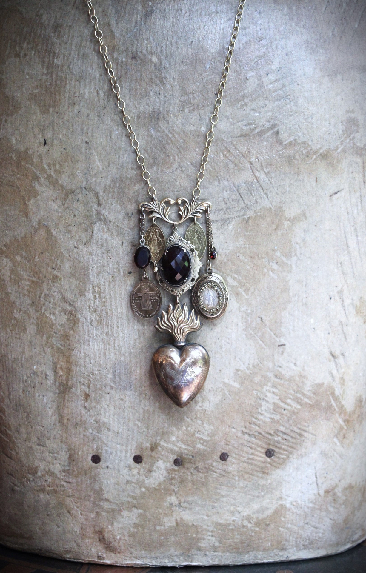 Antique Engraved Ex Voto Necklace with Amazing Faceted Blood of Christ Garnet,Marian Locket,Antique Medals & More!