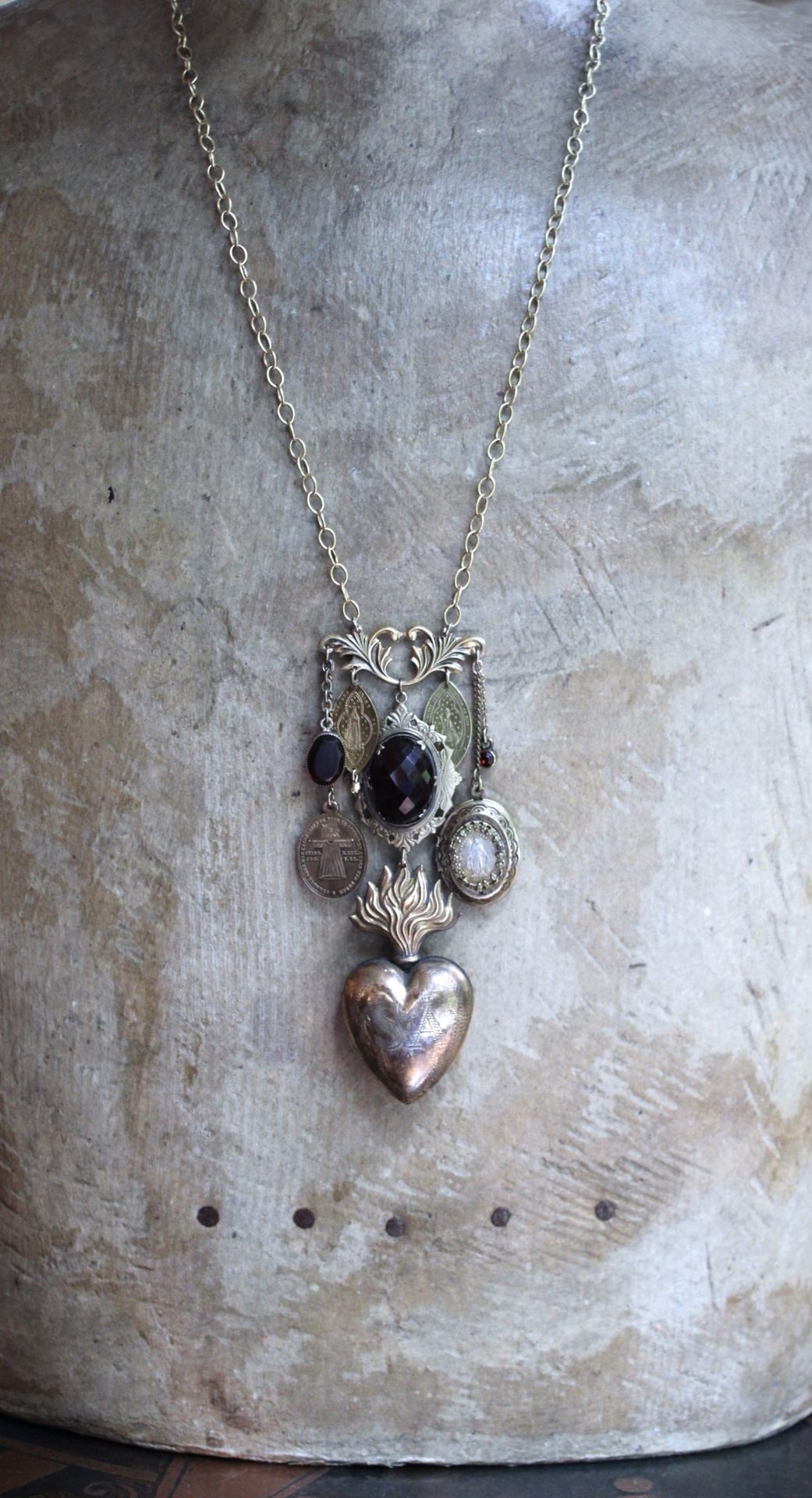 Antique Engraved Ex Voto Necklace with Amazing Faceted Blood of Christ Garnet,Marian Locket,Antique Medals & More!