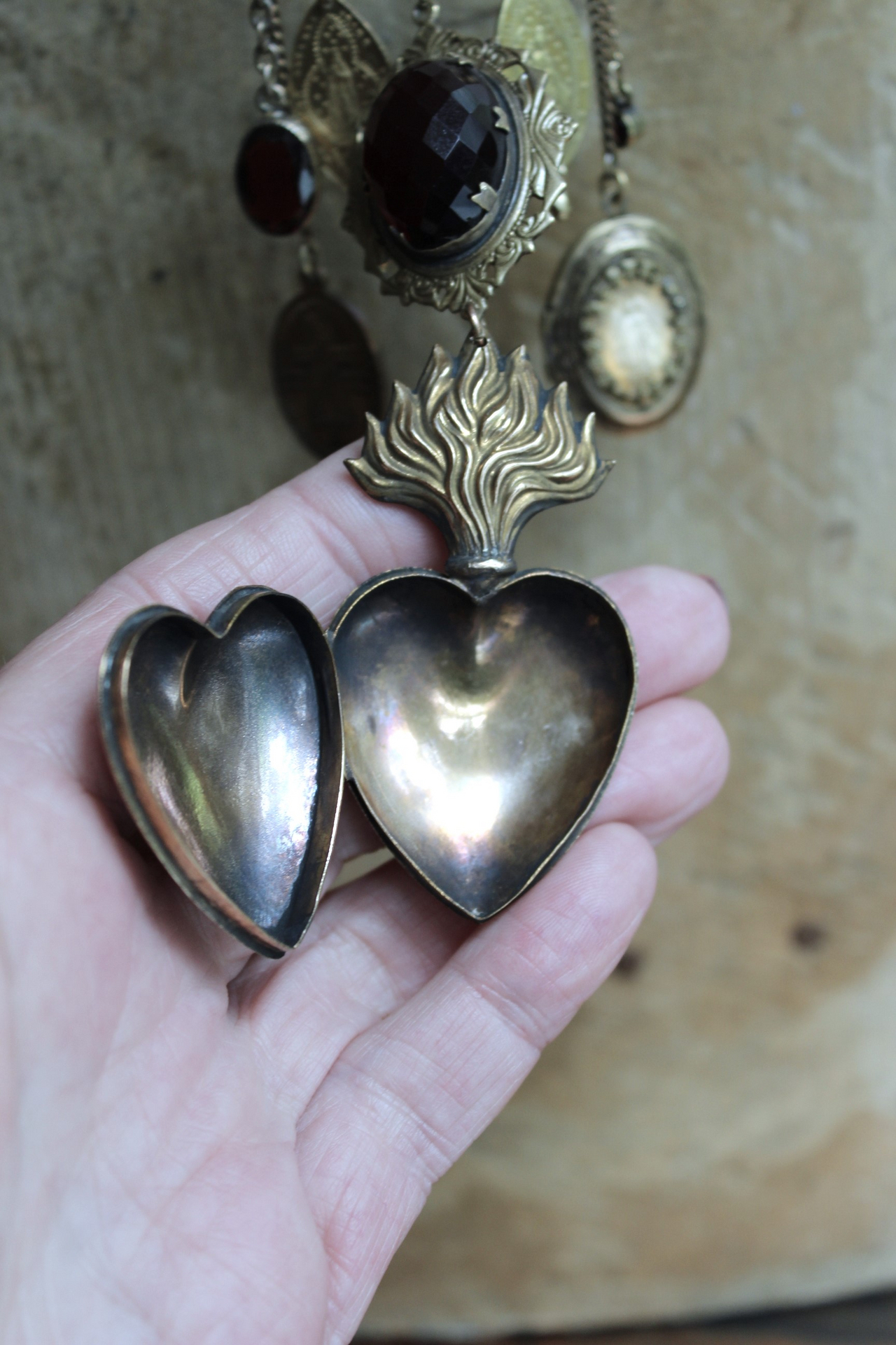 Antique Engraved Ex Voto Necklace with Amazing Faceted Blood of Christ Garnet,Marian Locket,Antique Medals & More!